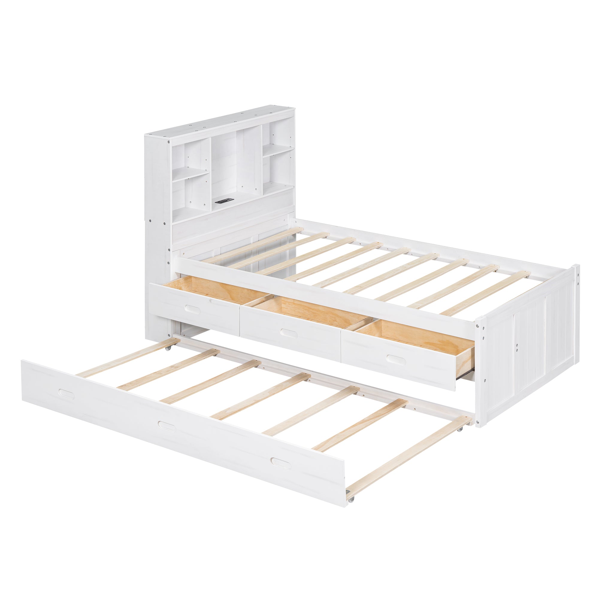 Twin Size Platform Bed with Storage Headboard, Charging Station, Twin Size Trundle and 3 Drawers, Antique White - Atlantic Fine Furniture Melbourne FL