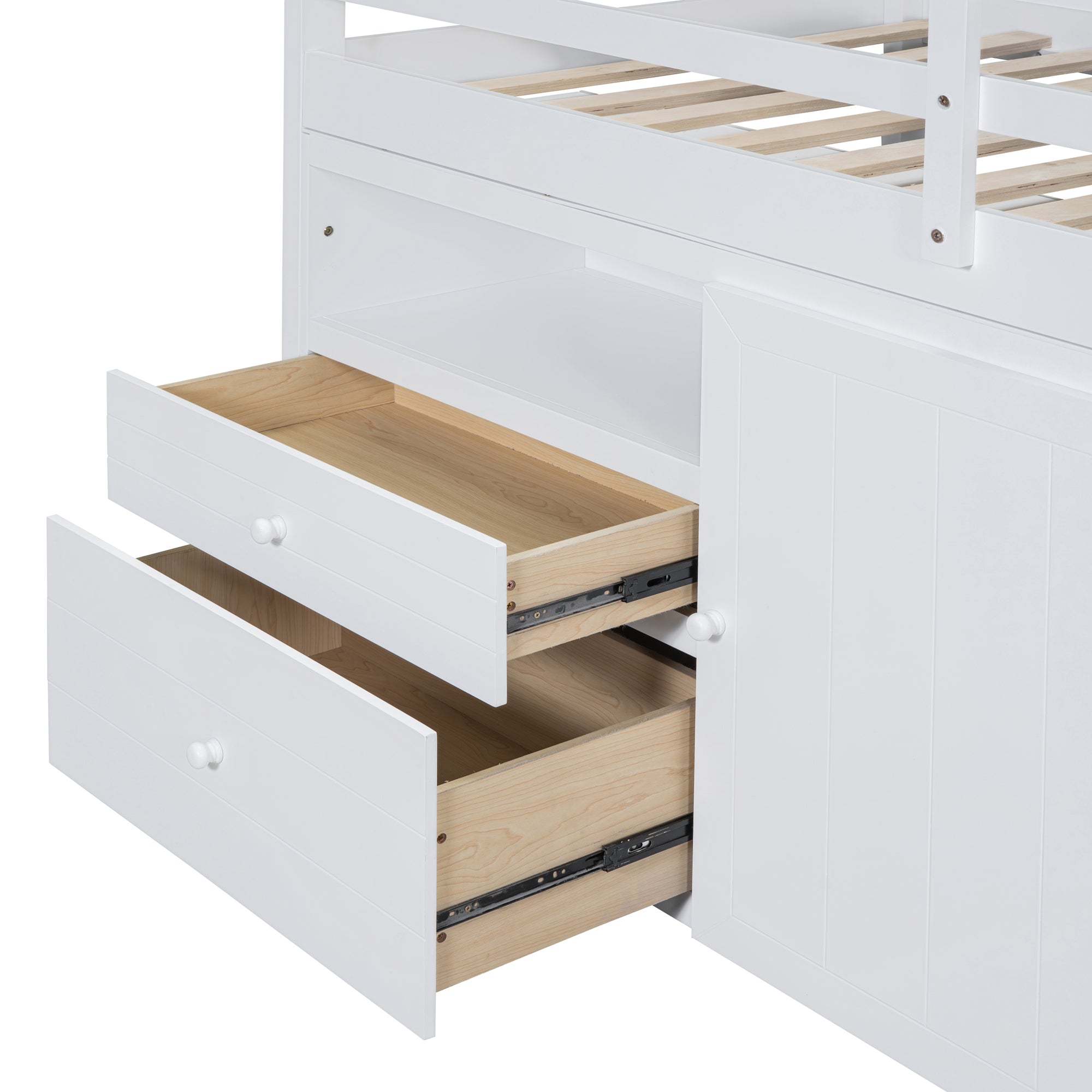 Twin Size Loft Bed with 4 Drawers, Underneath Cabinet and Shelves, White - Atlantic Fine Furniture Melbourne FL