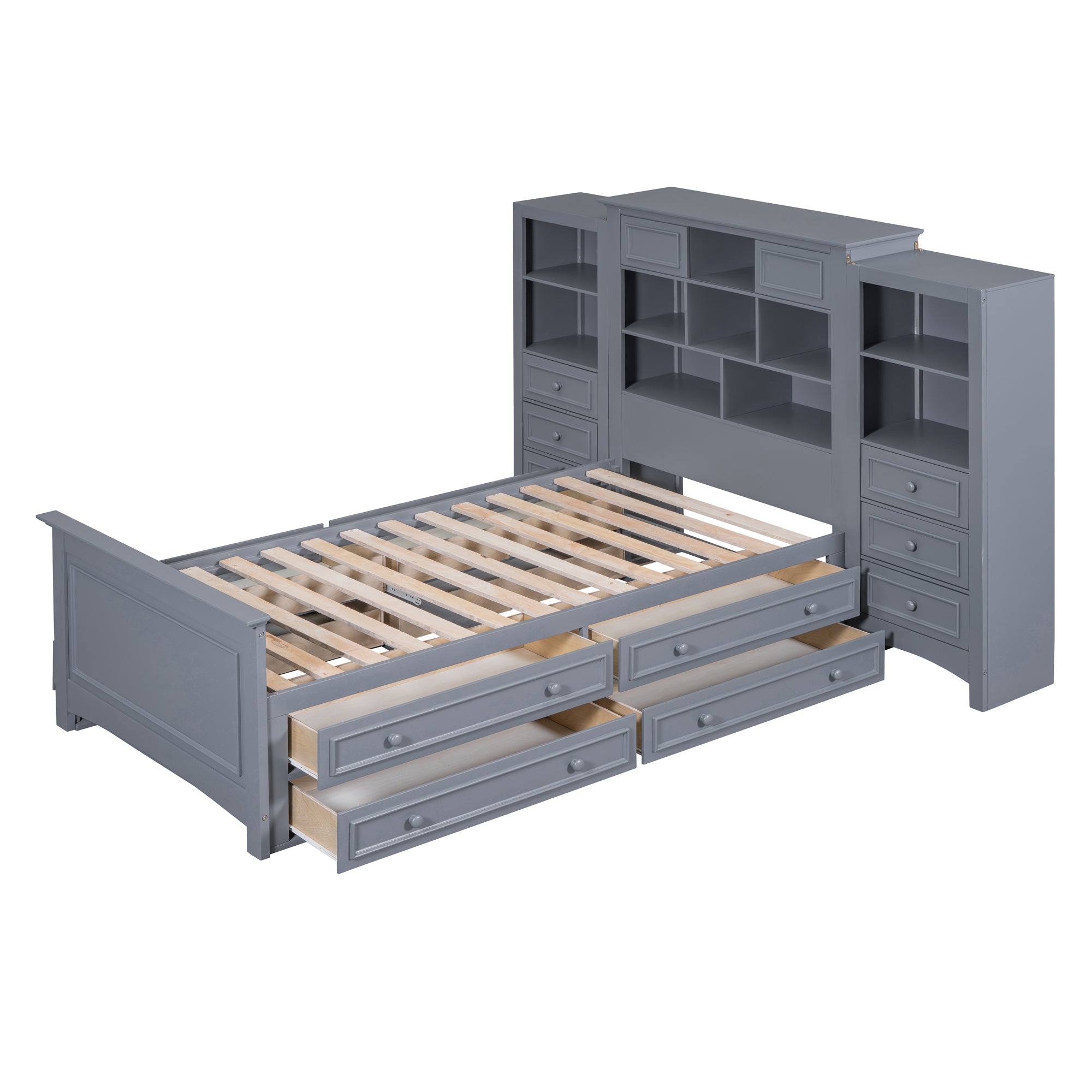 Twin Size Wood Platformbed with Vertical All-in-One Cabinet and 4 Drawers on each side, Gray - Atlantic Fine Furniture Melbourne FL