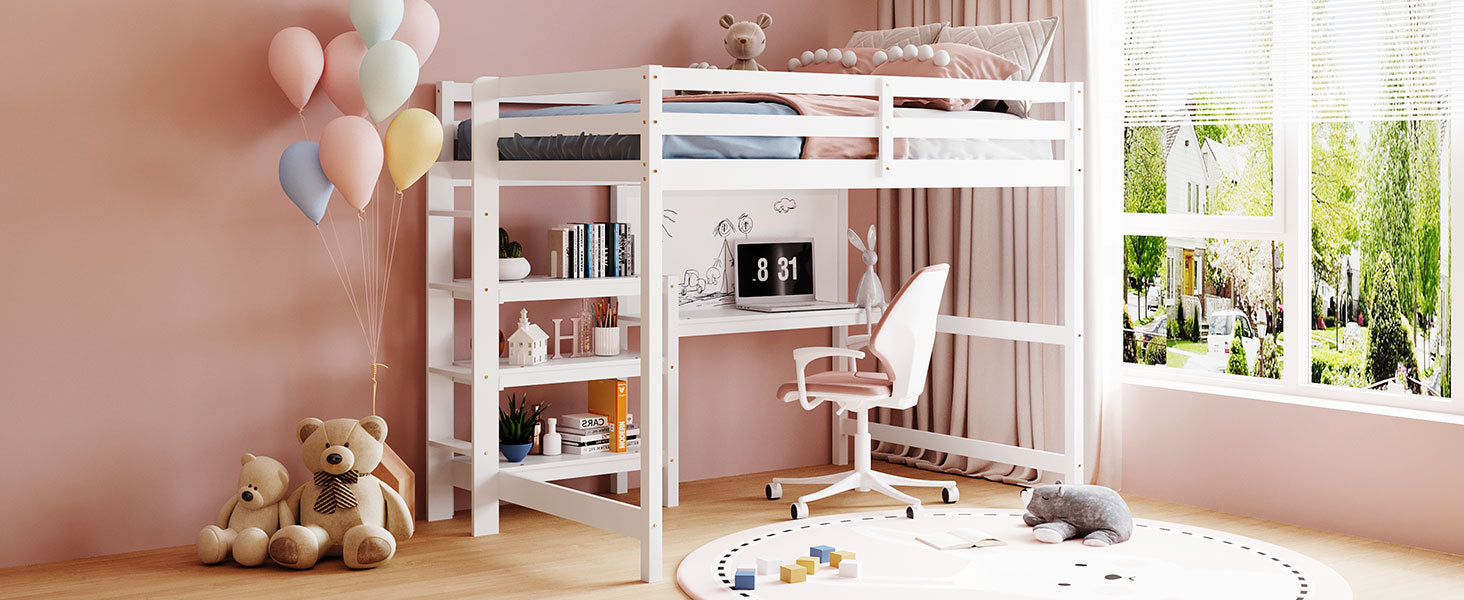 Full Size Wooden Loft Bed with Shelves, Desk and Writing Board - White