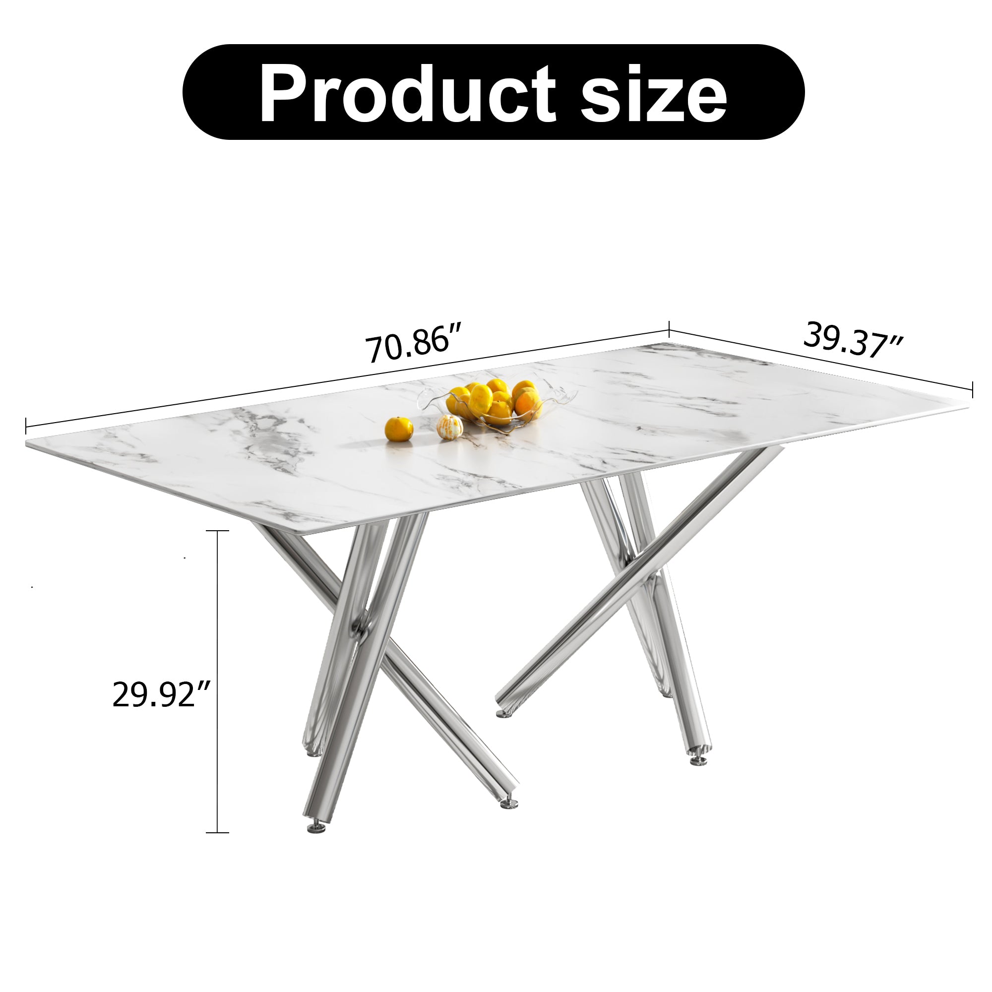 Large Modern Simple Rectangular Glass Dining Table for 6-8 People with 0.39-inch white imitation marble desktop and Silver Metal Legs for Kitchen Dining Living Room Meeting Room Banquet Hall 1538