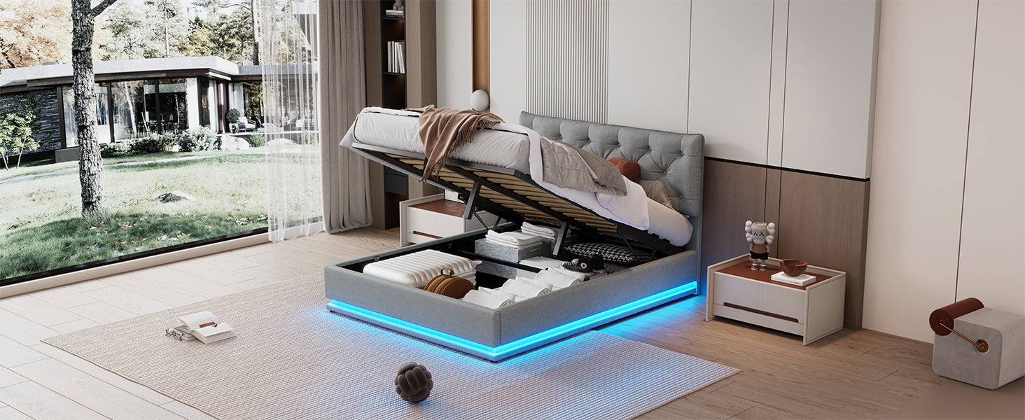 Queen Size Upholstered Bed with Hydraulic Storage System and LED Light, Modern Platform Bed with Button-tufted Design Headboard, Gray - Atlantic Fine Furniture Melbourne FL