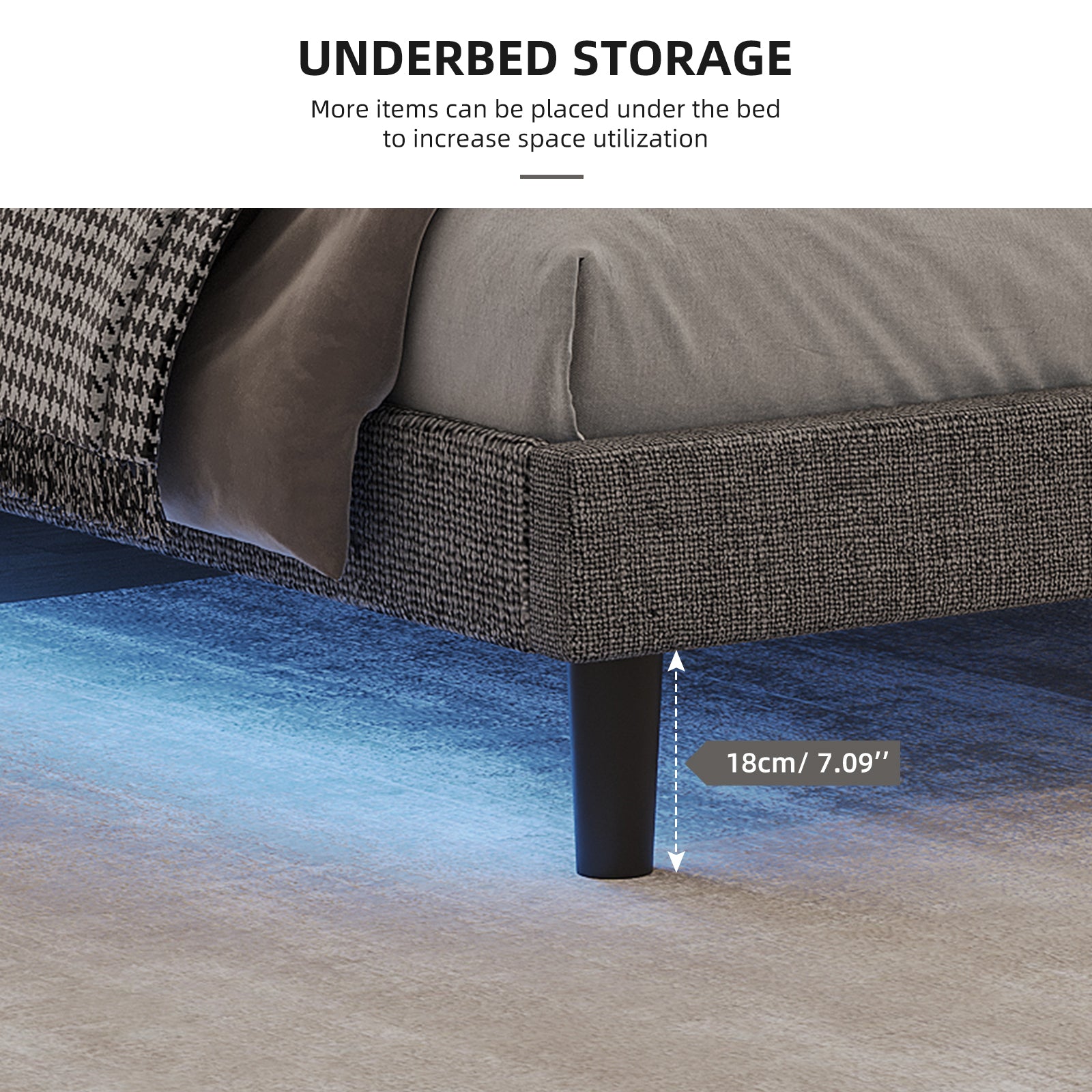 Queen Size Upholstered Platform Bed Linen Bed Frame with Lights Square Stitched Adjustable Headboard Strong Bed Slats System No Box Spring Needed Grey - Atlantic Fine Furniture Melbourne FL