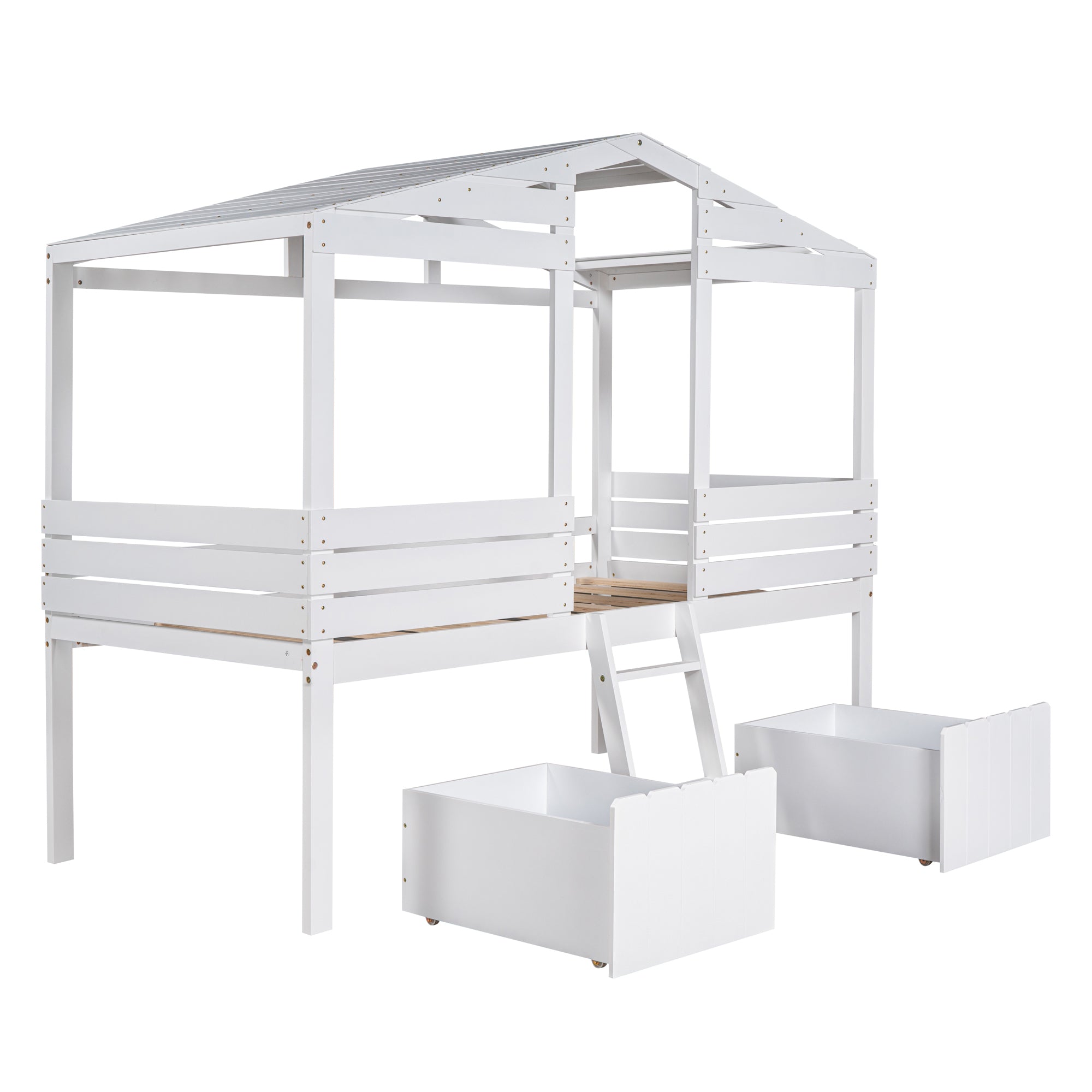 Twin Size Low Loft Wood House Bed with Two Drawers, White - Atlantic Fine Furniture Melbourne FL