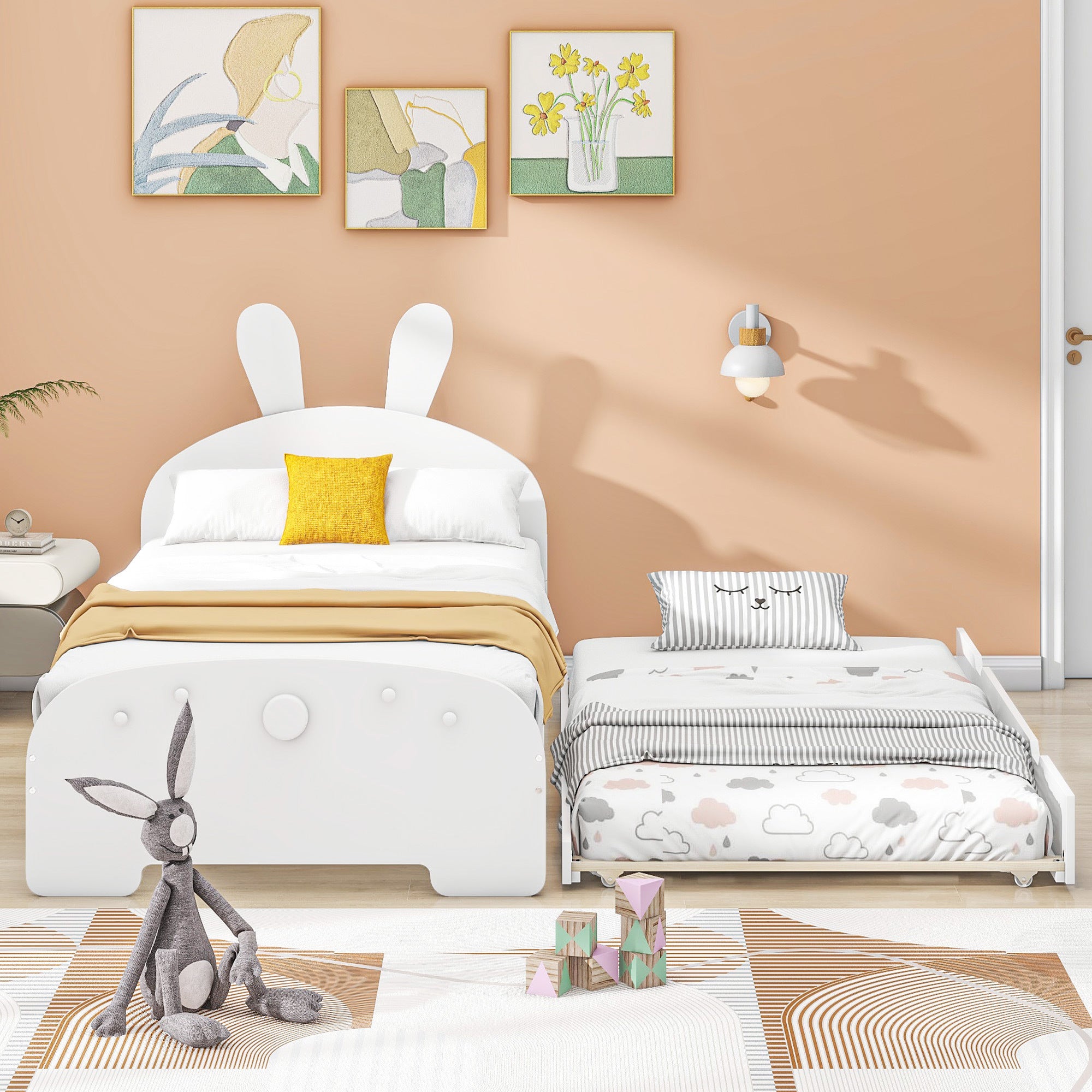 Wood Twin Size Platform Bed with Cartoon Ears Shaped Headboard and Trundle, White - Atlantic Fine Furniture Melbourne FL