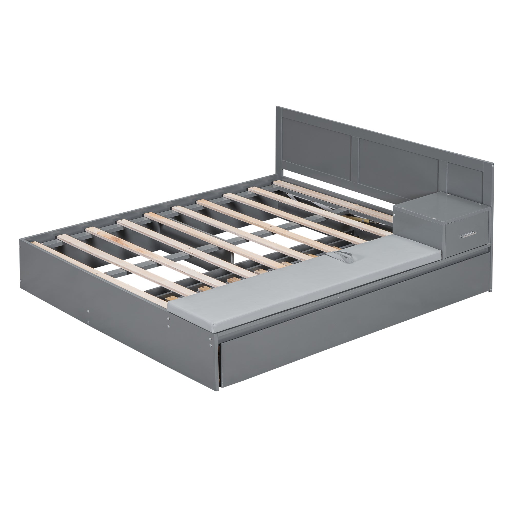 Full Size Wood Storage Hydraulic Platform Bed with Twin Size Trundle, Side Table and Lounge, Gray - Atlantic Fine Furniture Melbourne FL