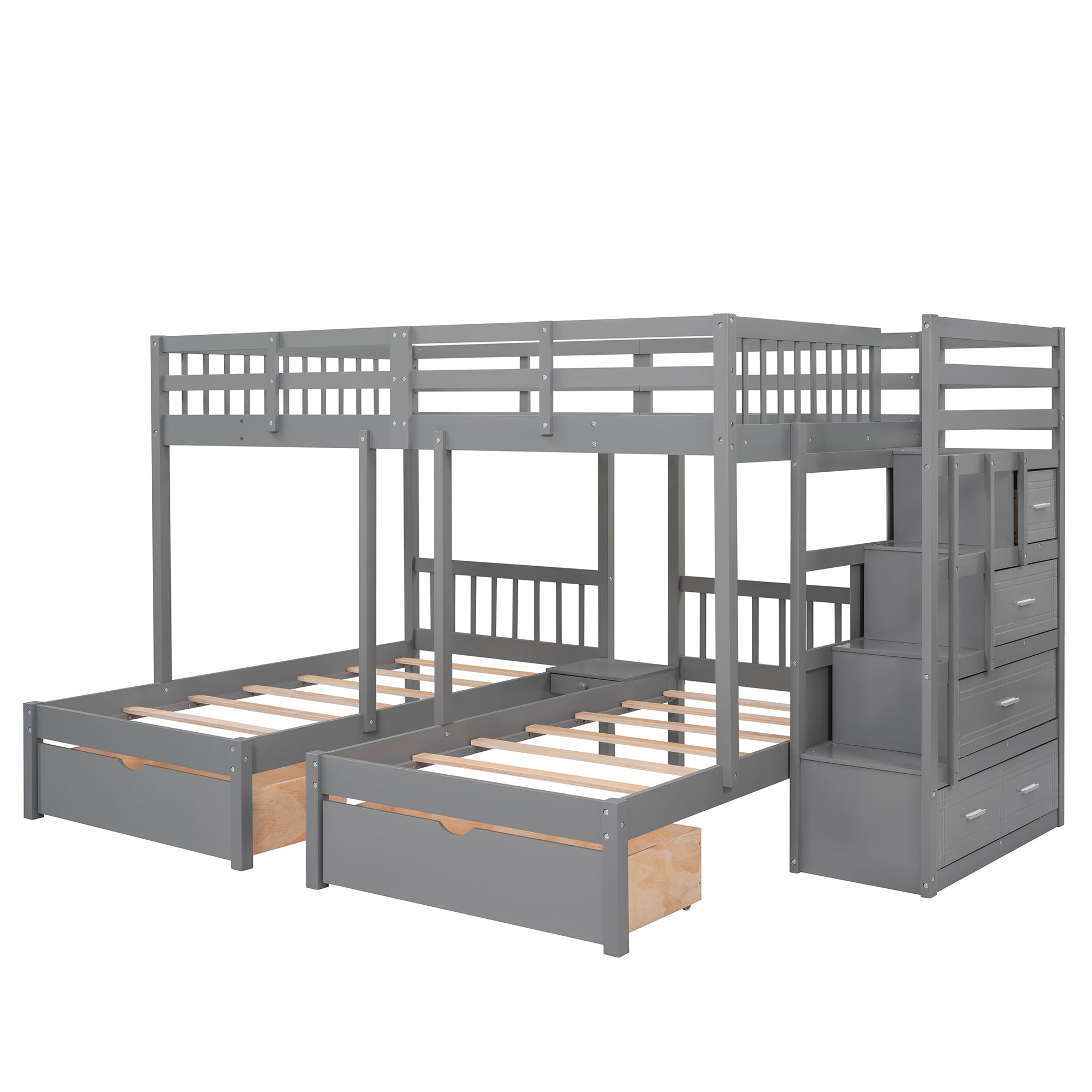 Full Over Twin & Twin Bunk Bed, Wood Triple Bunk Bed with Drawers and Guardrails (Gray) - Atlantic Fine Furniture Melbourne FL