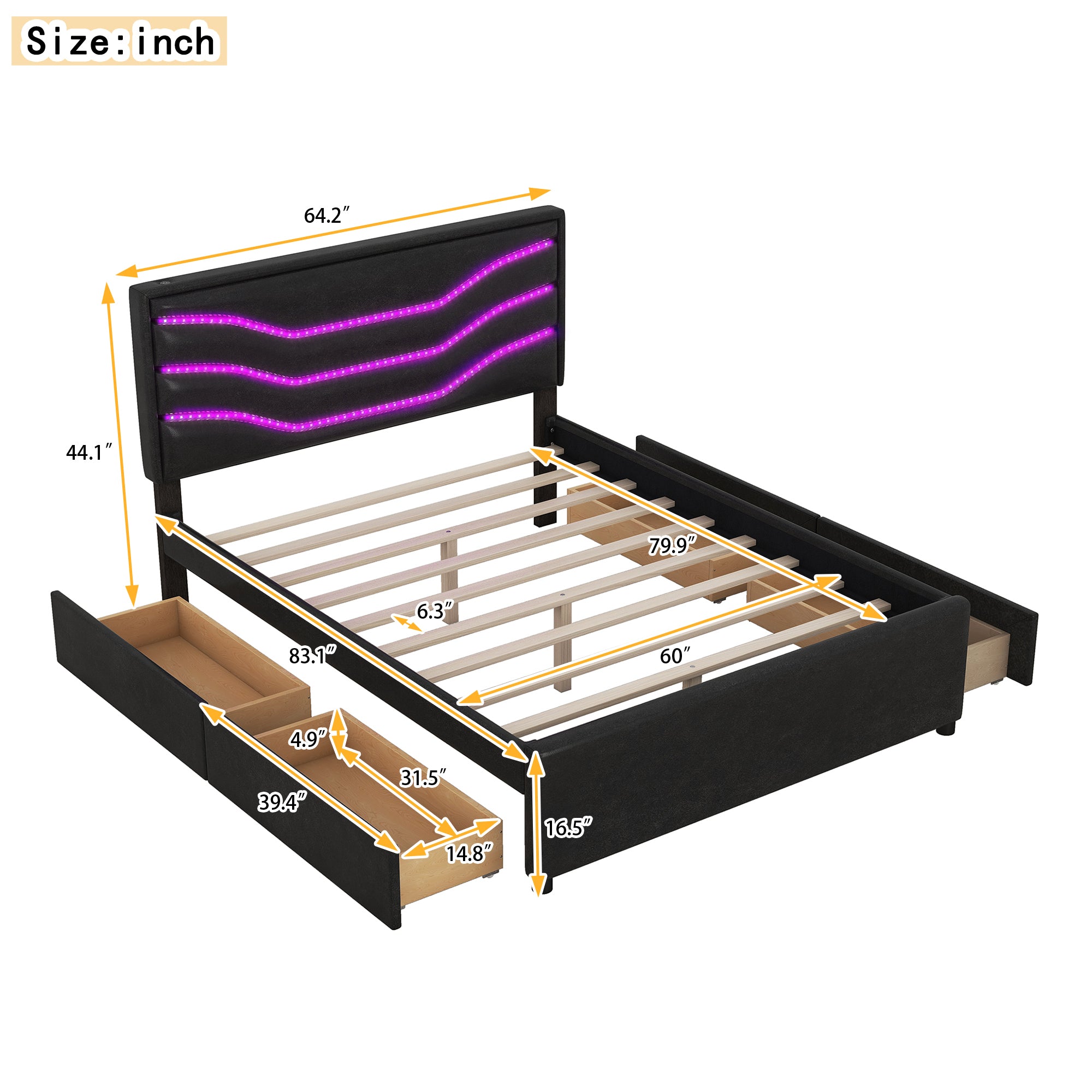 Queen Size Upholstered Storage Platform Bed with LED, 4 Drawers and USB Charging, Black - Atlantic Fine Furniture Melbourne FL