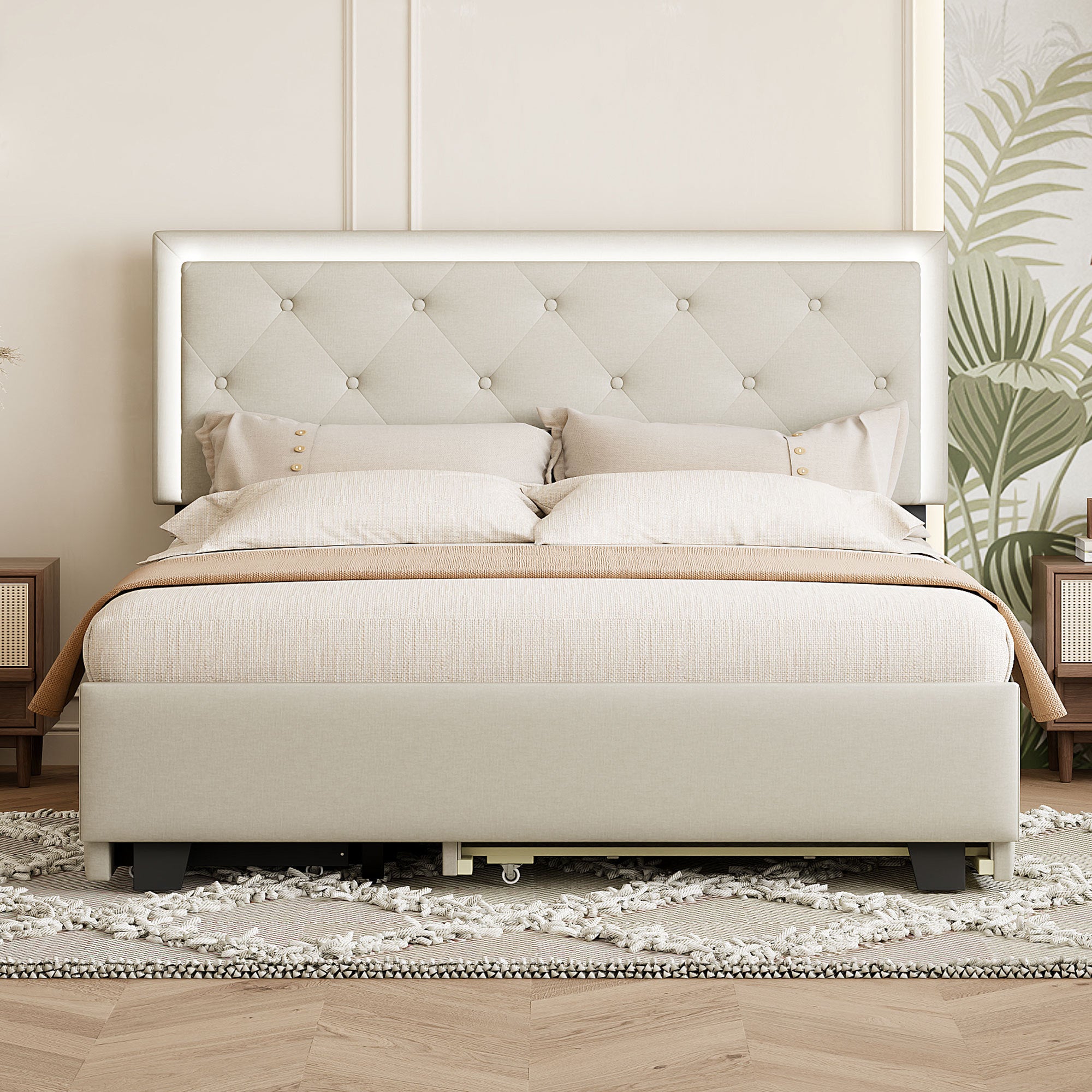 Queen Size Velvet Storage Platform Bed, with 2 Big Drawers, Twin XL Size Trundle and LED Light, Beige - Atlantic Fine Furniture Melbourne FL