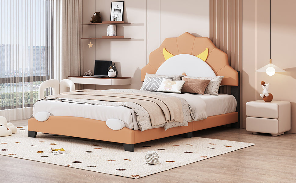 Full Size Upholstered Leather Platform Bed with Lion-Shaped Headboard, Brown - Atlantic Fine Furniture Melbourne FL