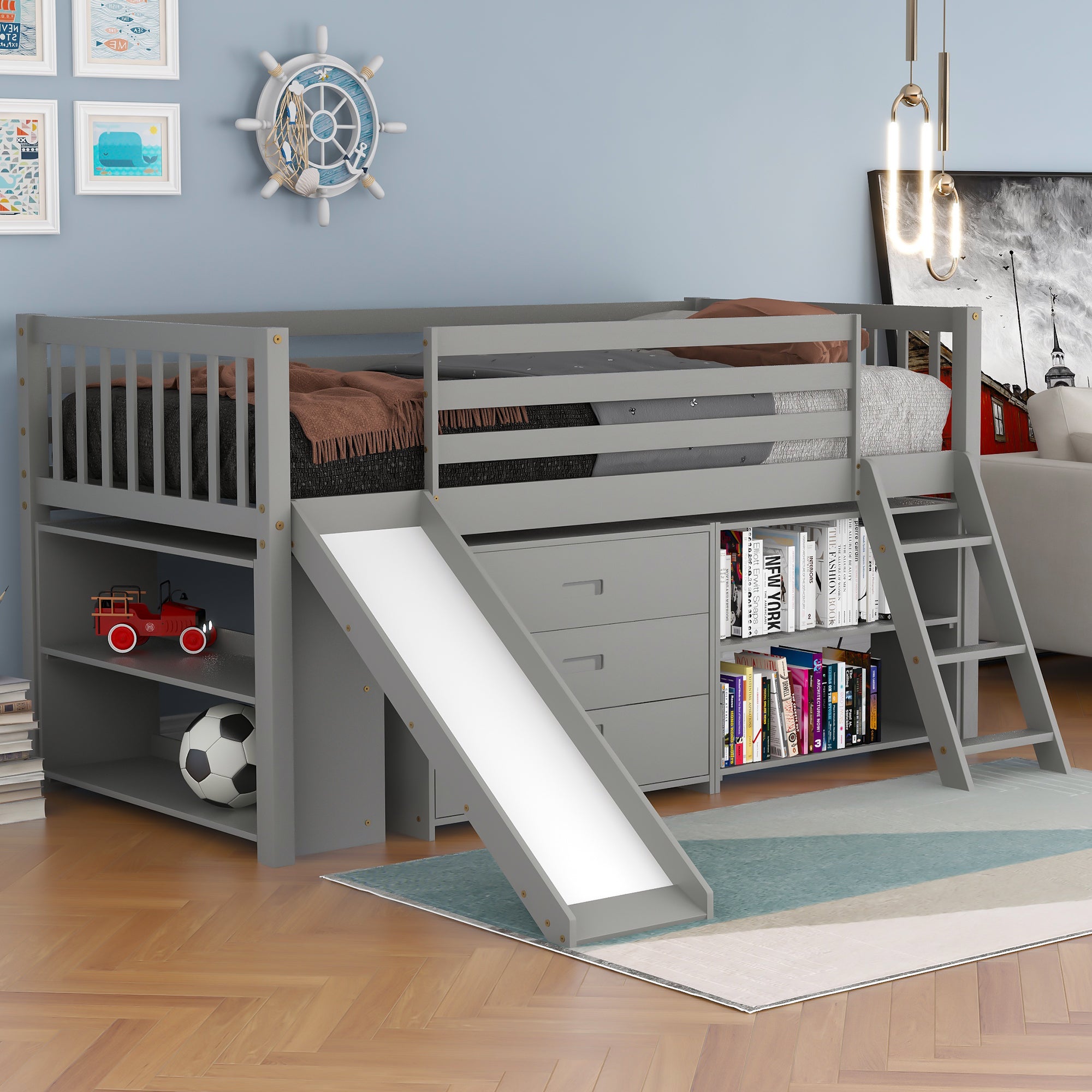Low Loft Bed with Attached Bookcases and Separate 3-tier Drawers,Convertible Ladder and Slide,Twin,Gray - Atlantic Fine Furniture Melbourne FL