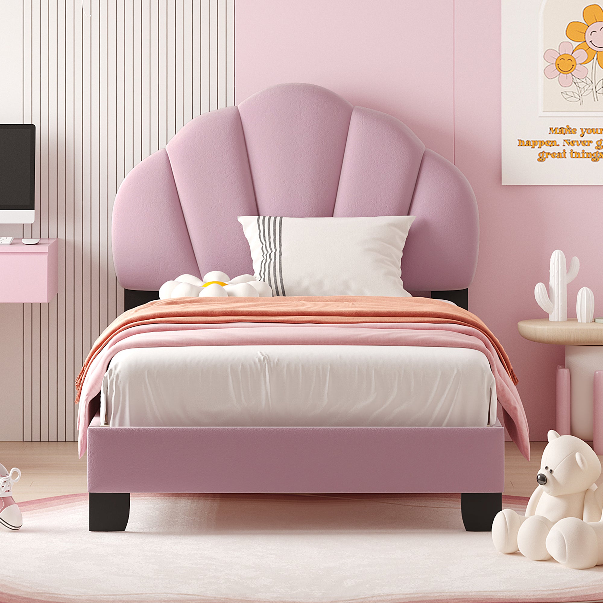 Twin Size Upholstered Velvet Platform Bed with Shell-Shaped Headboard, Pink - Atlantic Fine Furniture Melbourne FL