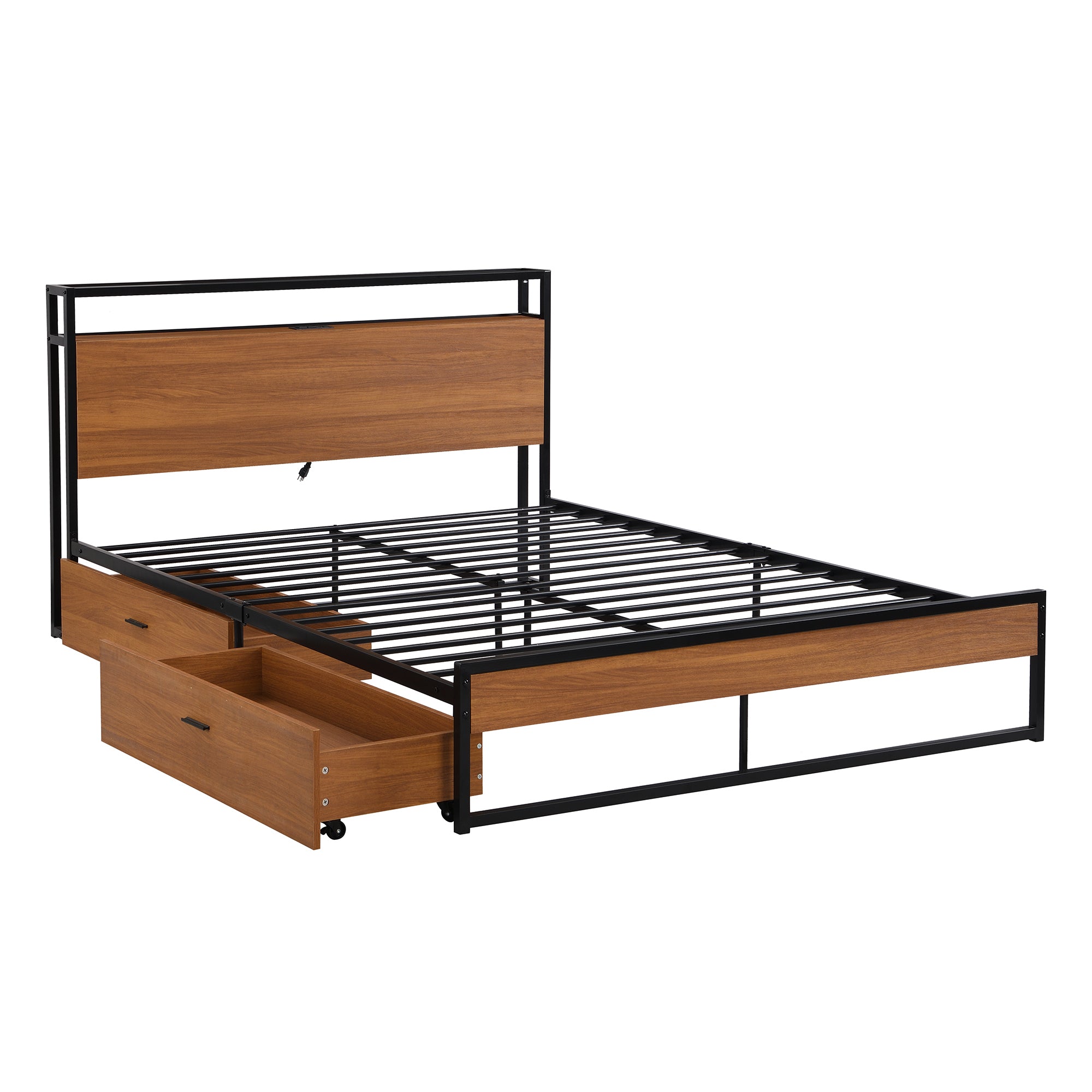 Queen Size Metal Platform Bed Frame with Two Drawers,Sockets and USB Ports ,Slat Support No Box Spring Needed Black - Atlantic Fine Furniture Melbourne FL