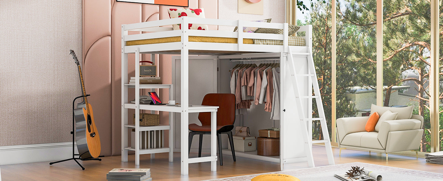 Full Size Loft Bed with Wardrobe and Desk and Shelves, White - Atlantic Fine Furniture Melbourne FL
