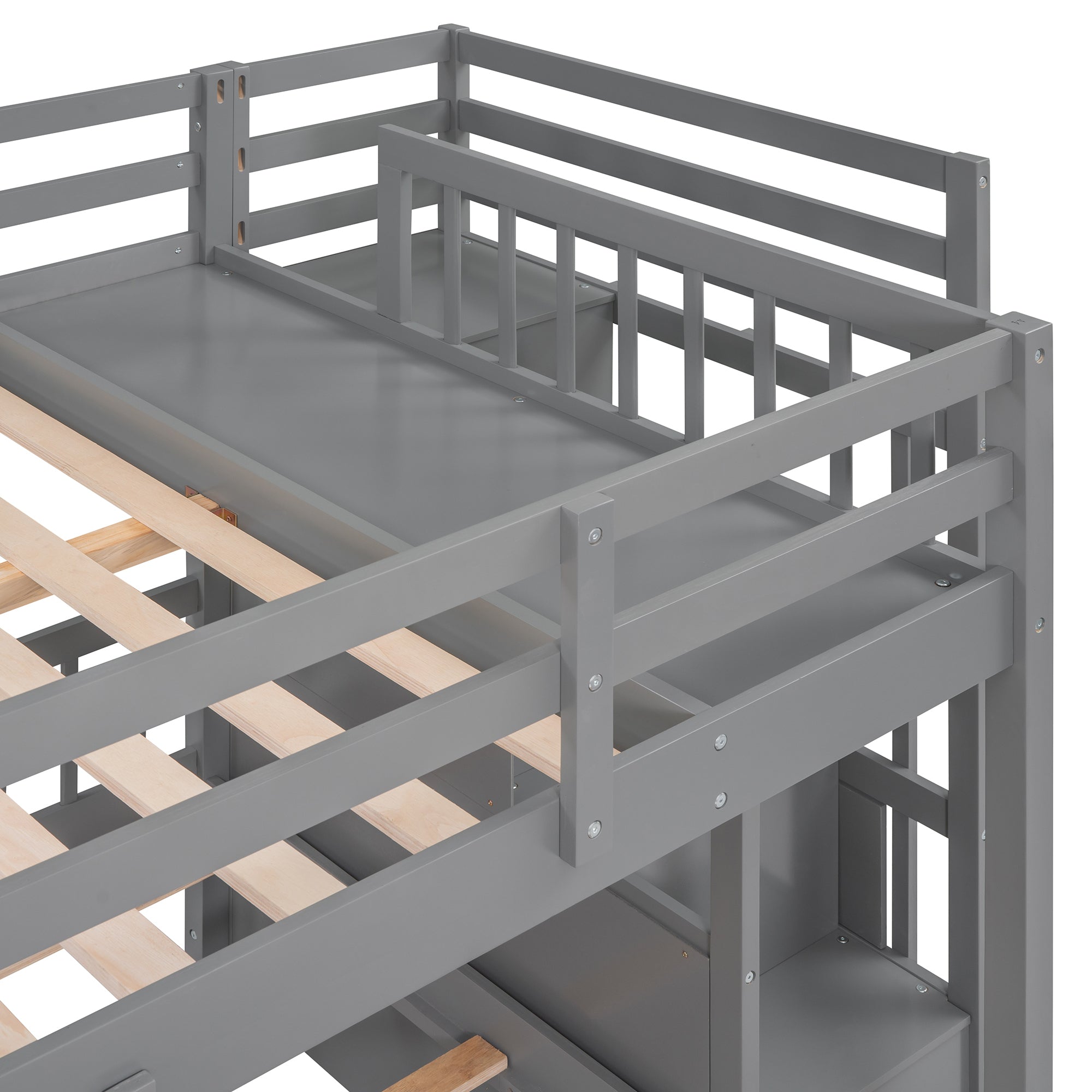 Full Over Twin & Twin Bunk Bed, Wood Triple Bunk Bed with Drawers and Guardrails (Gray) - Atlantic Fine Furniture Melbourne FL