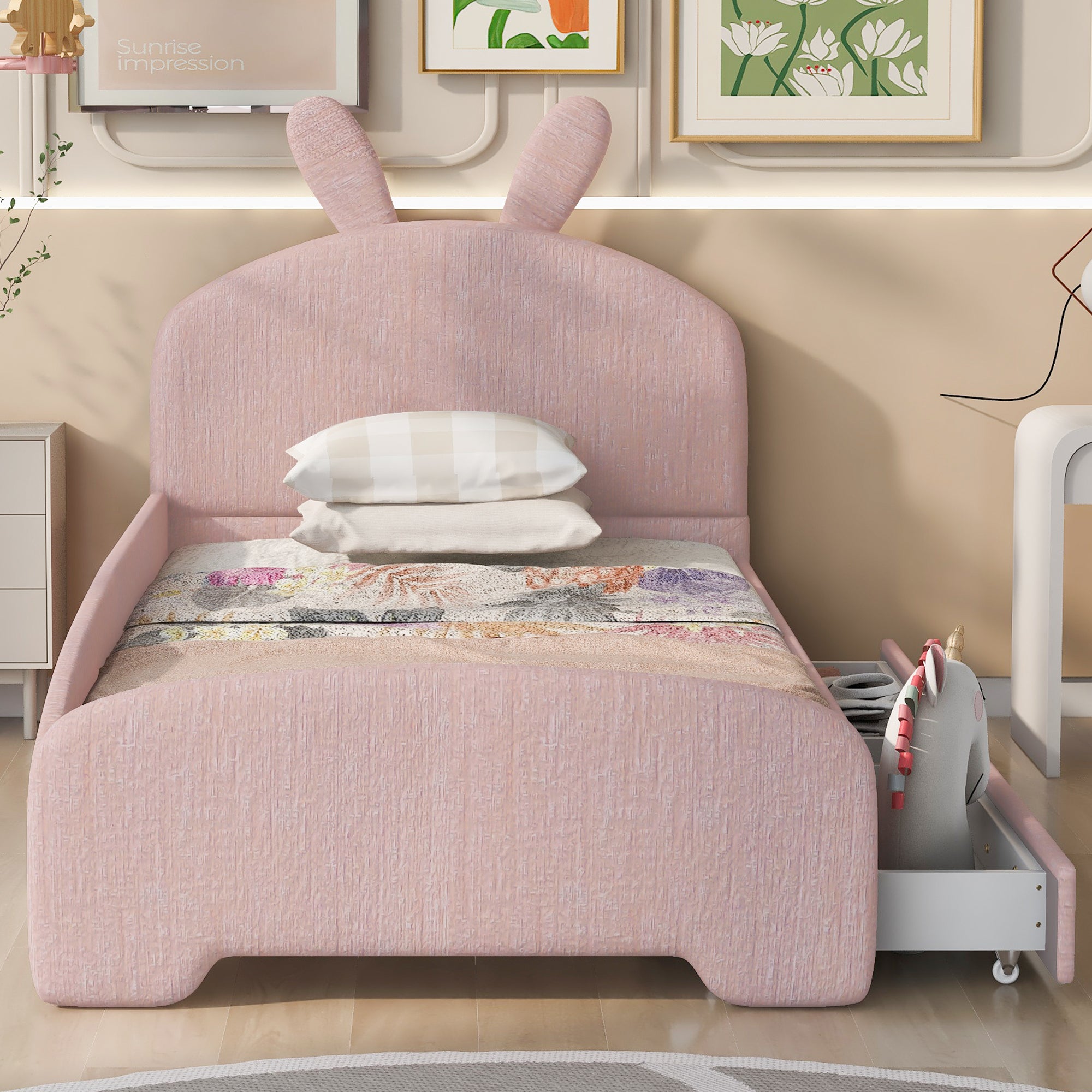 Twin Size Upholstered Platform Bed with Cartoon Ears Shaped Headboard and 2 Drawers, Pink - Atlantic Fine Furniture Melbourne FL