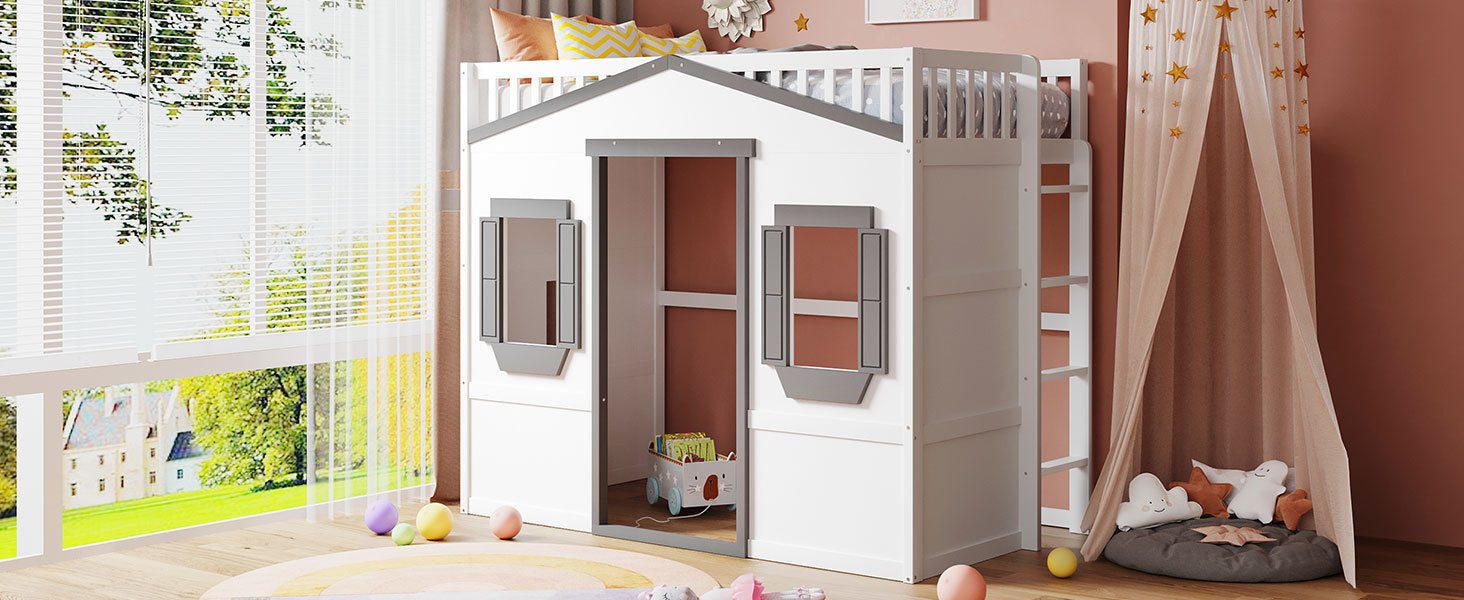 Twin Size House Loft Bed With Ladder-White+Gray Frame - Atlantic Fine Furniture Melbourne FL