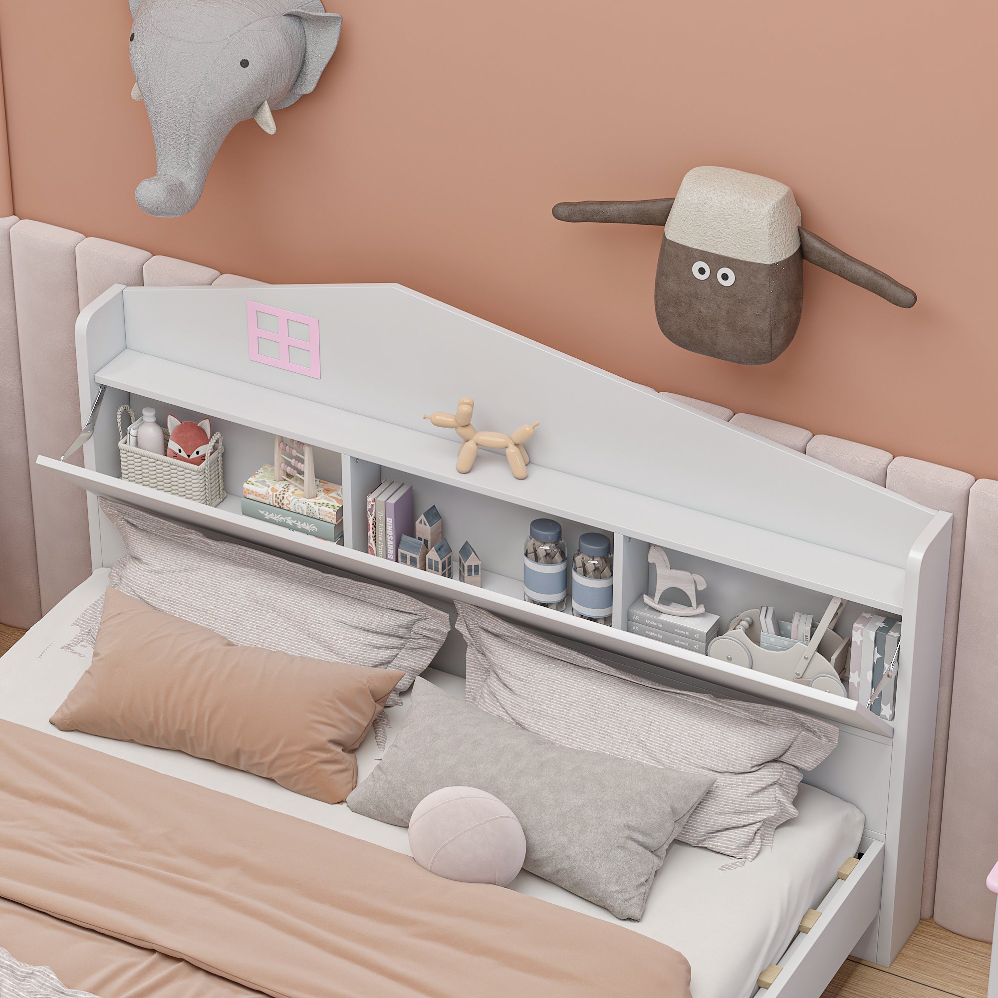 Wooden Full Size House Bed with Storage Headboard ,Kids Bed with Storage Shelf,White - Atlantic Fine Furniture Melbourne FL