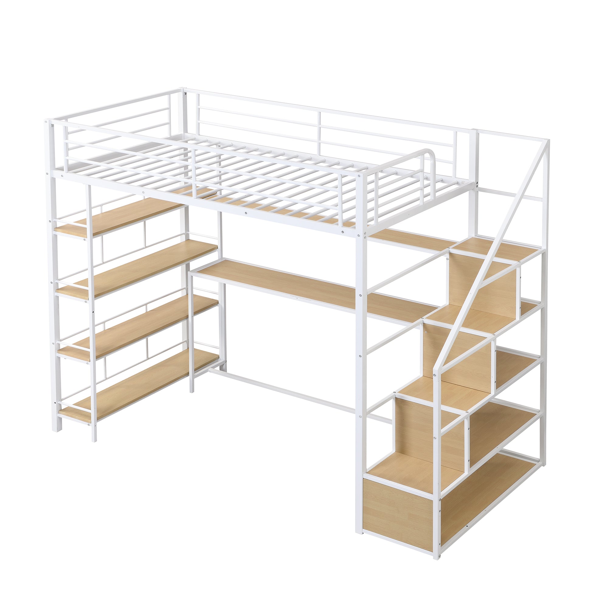 Twin Size Metal Loft bed with Staircase, Built-in Desk and Storage Shelves, White - Atlantic Fine Furniture Melbourne FL