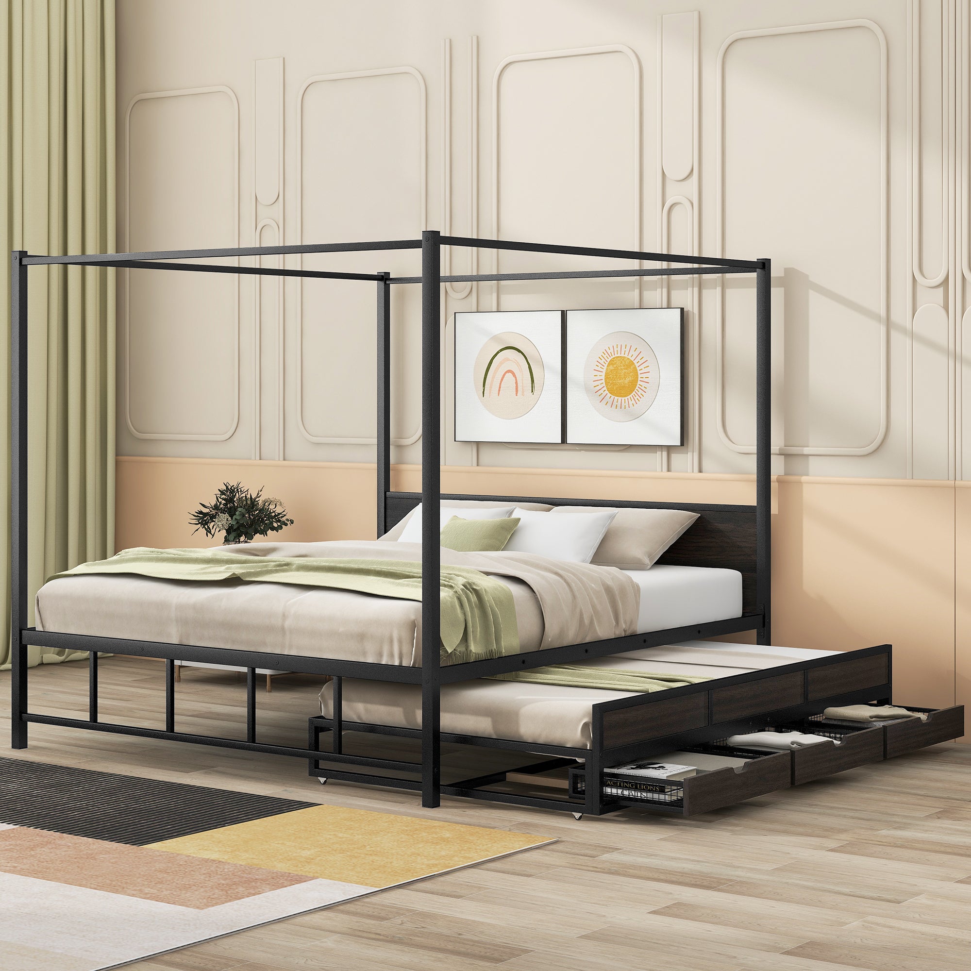 Queen Size Metal Canopy Platform Bed with Twin Size Trundle and 3 Storage Drawers, Black - Atlantic Fine Furniture Melbourne FL