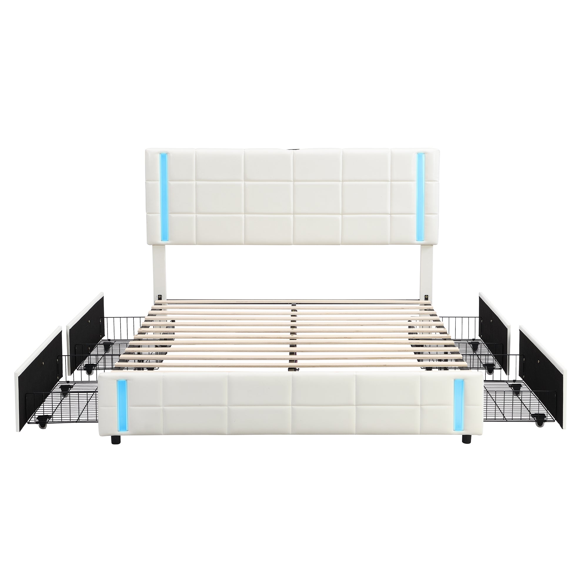 Queen Size Upholstered Platform Bed with LED Lights and USB Charging, Storage Bed with 4 Drawers, White - Atlantic Fine Furniture Melbourne FL