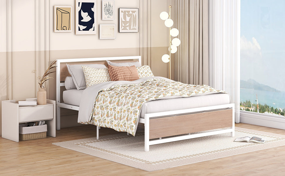 Queen Size Platform Bed, Metal and Wood Bed Frame with Headboard and Footboard , White - Atlantic Fine Furniture Melbourne FL