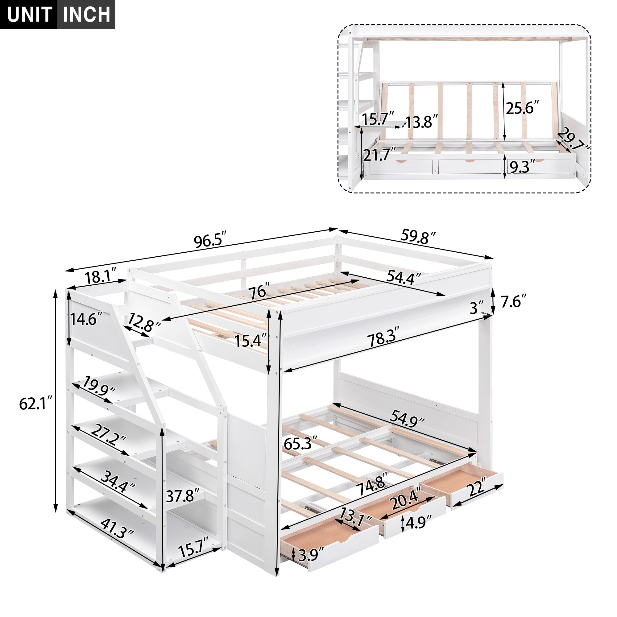 Wood Full Size Convertible Bunk Bed with Storage Staircase, Bedside Table, and 3 Drawers, White - Atlantic Fine Furniture Melbourne FL