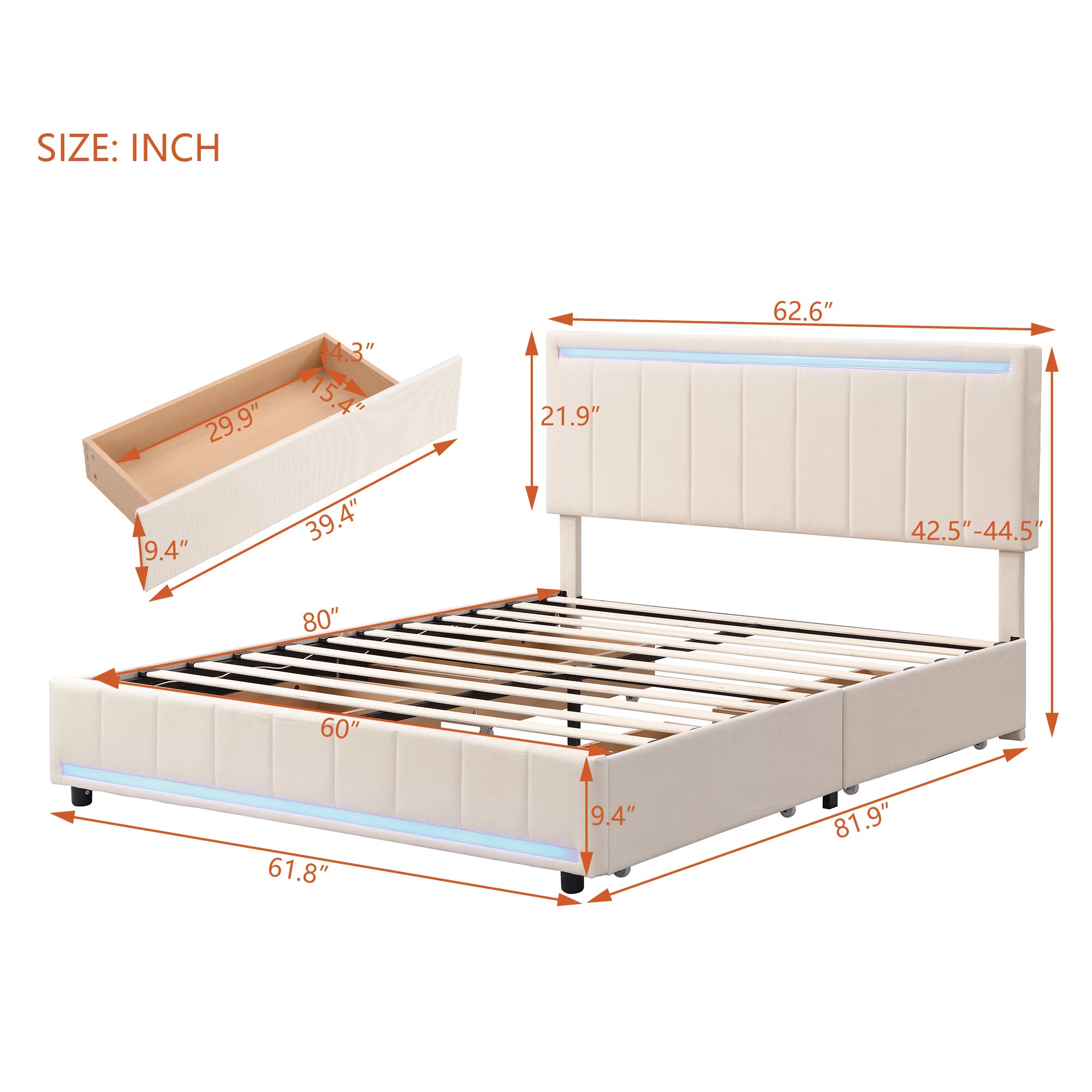 Queen Size Upholstered Bed with LED Light and 4 Drawers, Modern Platform Bed with a set of Sockets and USB Ports, Linen Fabric, Beige - Atlantic Fine Furniture Melbourne FL