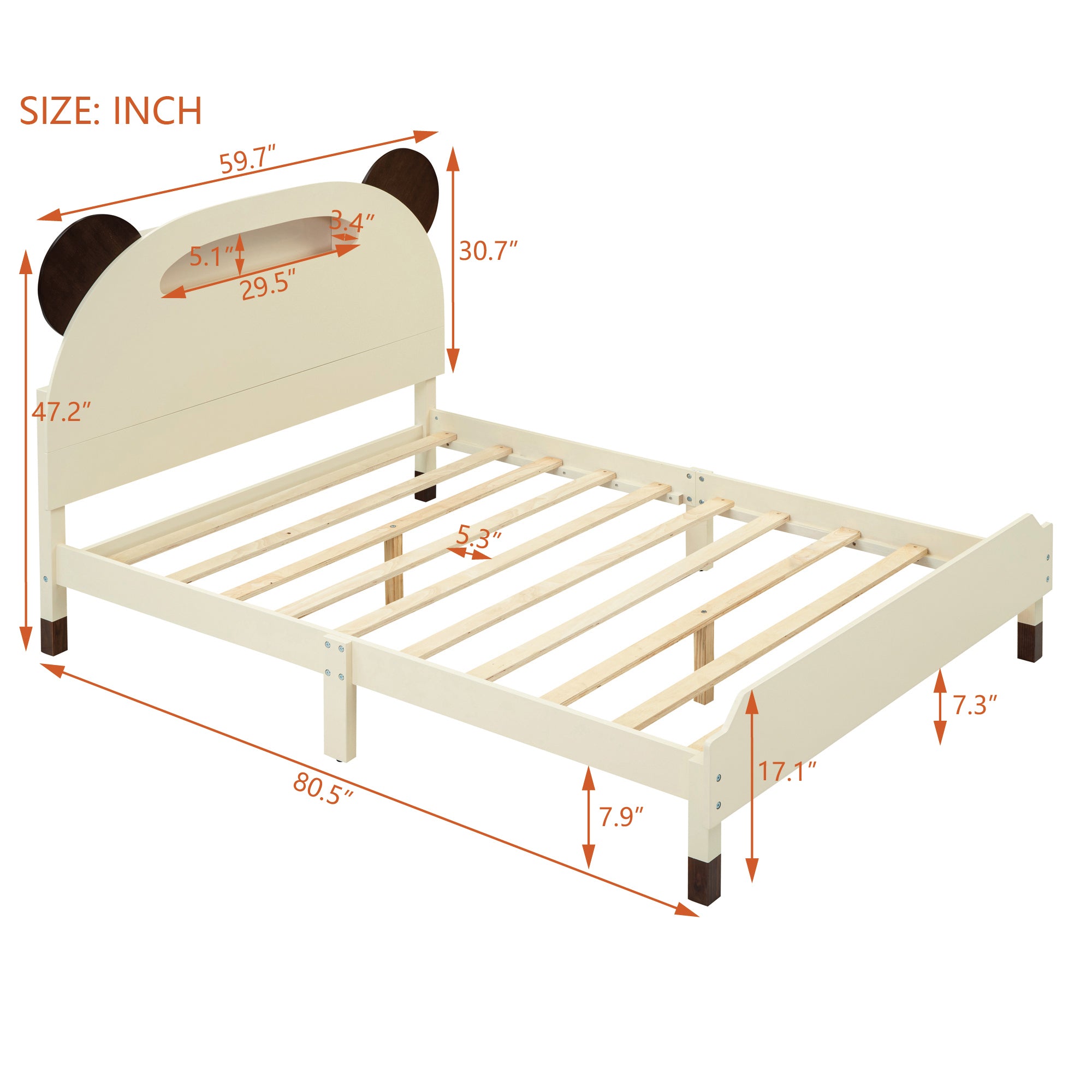 Full Size Wood Platform Bed with Bear-shaped Headboard,Bed with Motion Activated Night Lights,Cream+Walnut - Atlantic Fine Furniture Melbourne FL