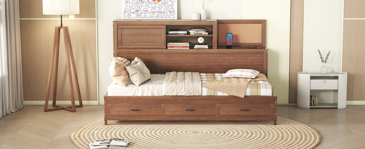 Twin Size Wooden Daybed with 3 Storage Drawers, Upper Soft Board, shelf, and a set of Sockets and USB Ports, Brown - Atlantic Fine Furniture Melbourne FL