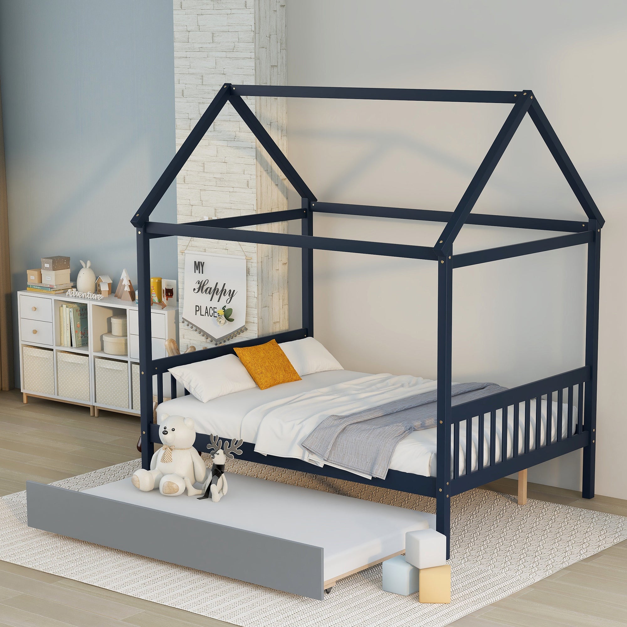 NAVY BLUE HOUSE FULL BED WITH TRUNDLE OF GREY COLOR
