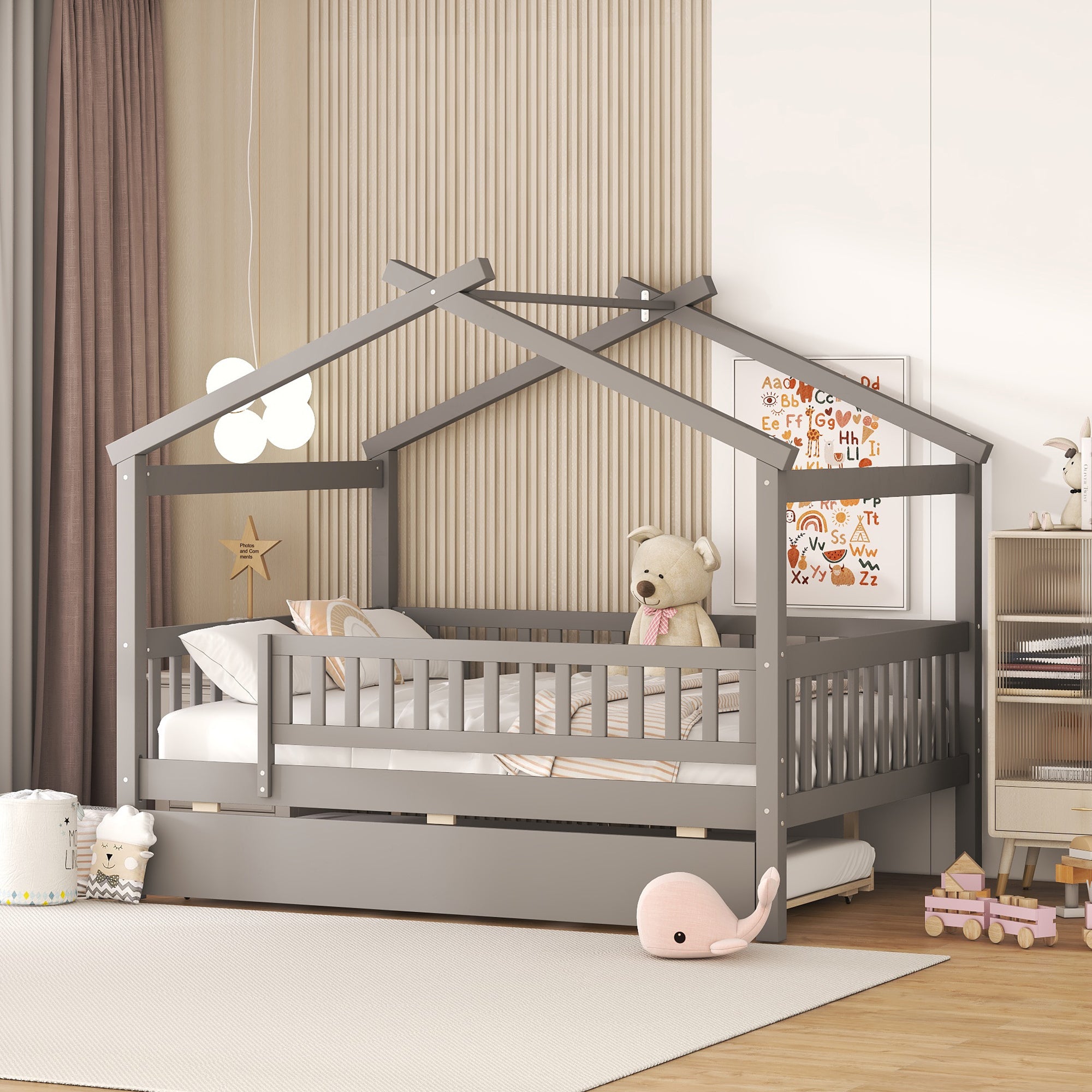 Full Size Wooden House Bed with Twin Size Trundle, Gray - Atlantic Fine Furniture Melbourne FL