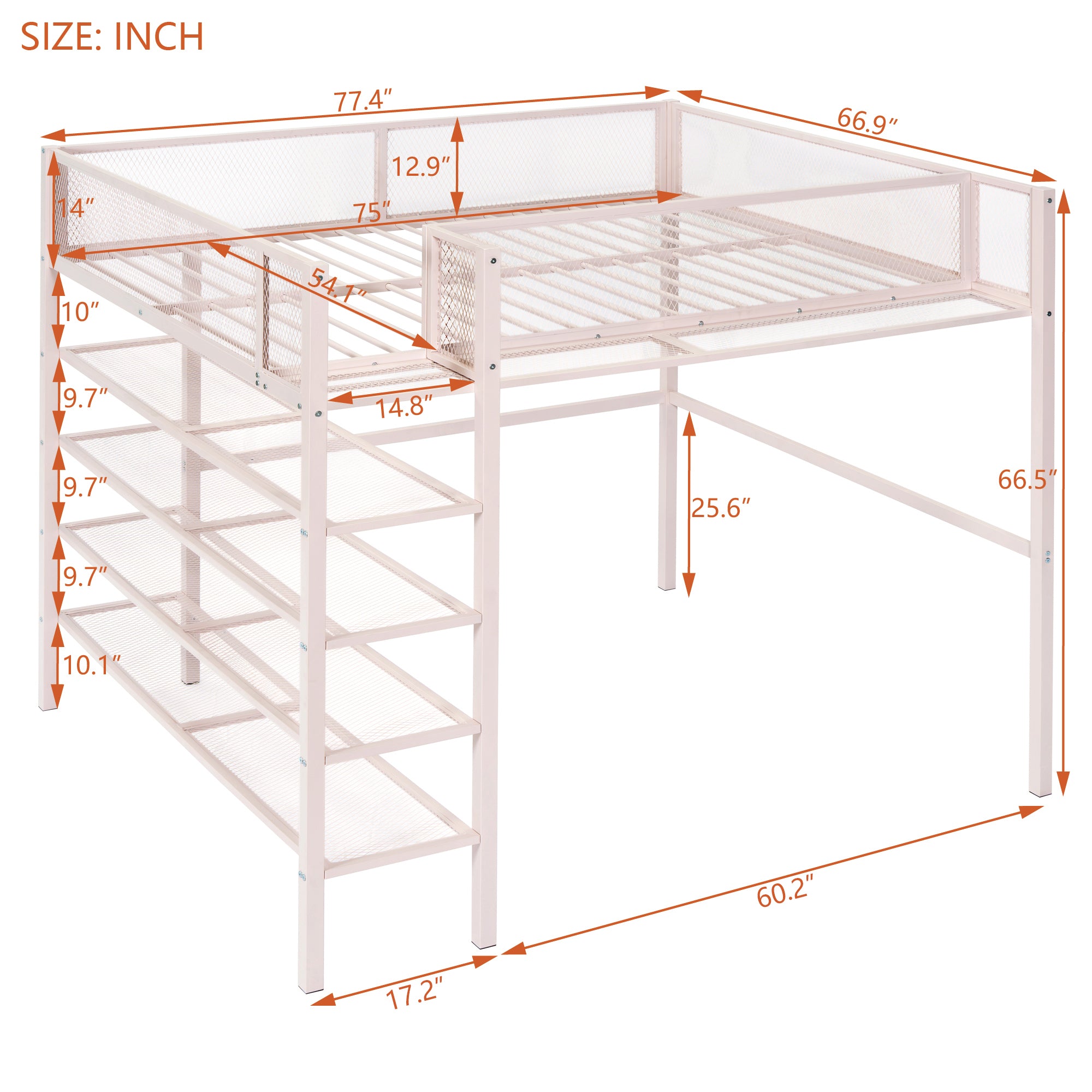 Full Size Metal Loft Bed with 4-Tier Shelves and Storage, Pink - Atlantic Fine Furniture Melbourne FL
