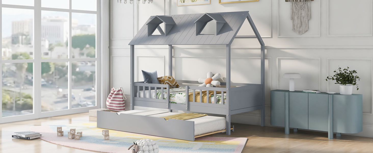 Twin Size House Bed Wood Bed with Twin Size Trundle ( Gray ) - Atlantic Fine Furniture Melbourne FL