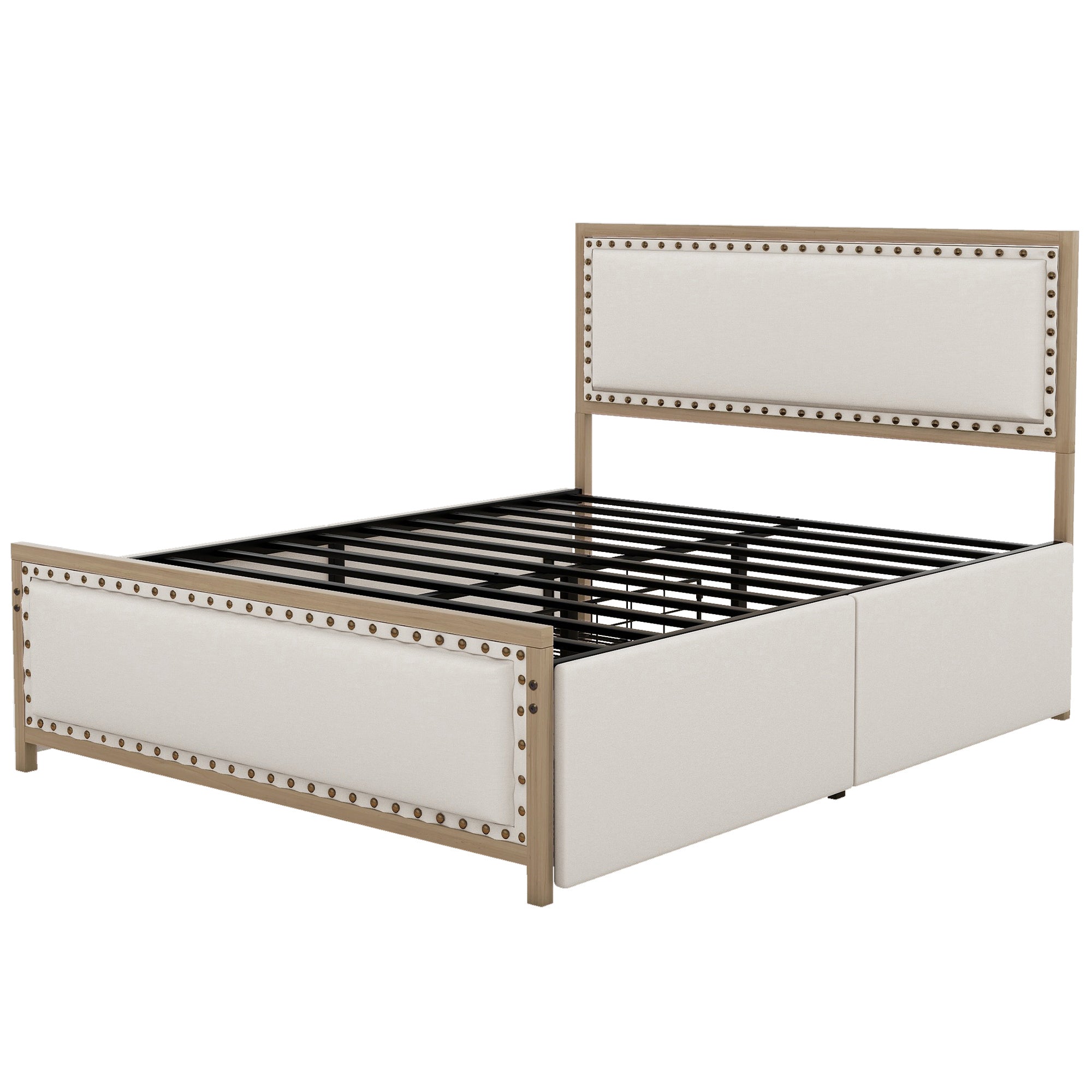 Queen Size Upholstered Platform Bed with Nailhead Decoration and 4 Drawers, Brown - Atlantic Fine Furniture Melbourne FL