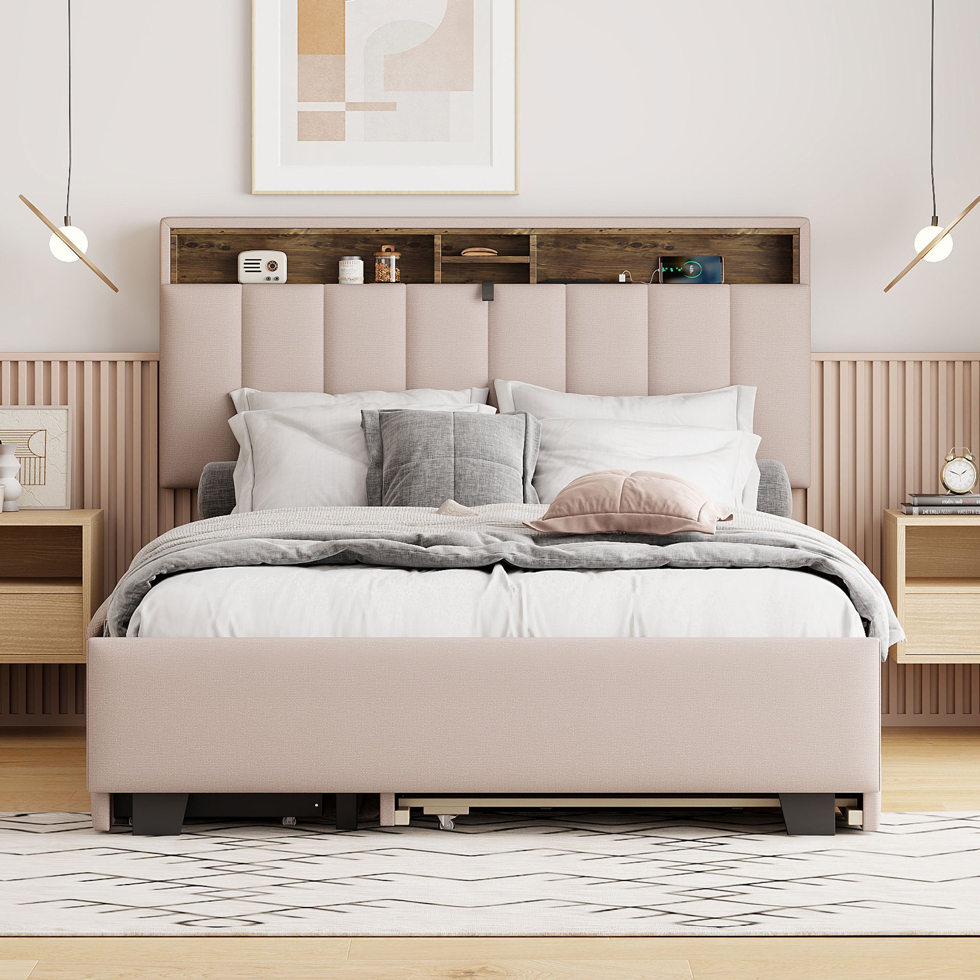 Full size Upholstered Platform Bed with Storage Headboard, Twin Size Trundle & 2 drawers and a set of Sockets & USB Ports, Linen Fabric, Beige - Atlantic Fine Furniture Melbourne FL