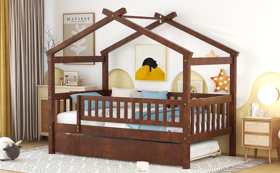 Twin Size Wooden House Bed with Twin Size Trundle, Walnut - Atlantic Fine Furniture Melbourne FL