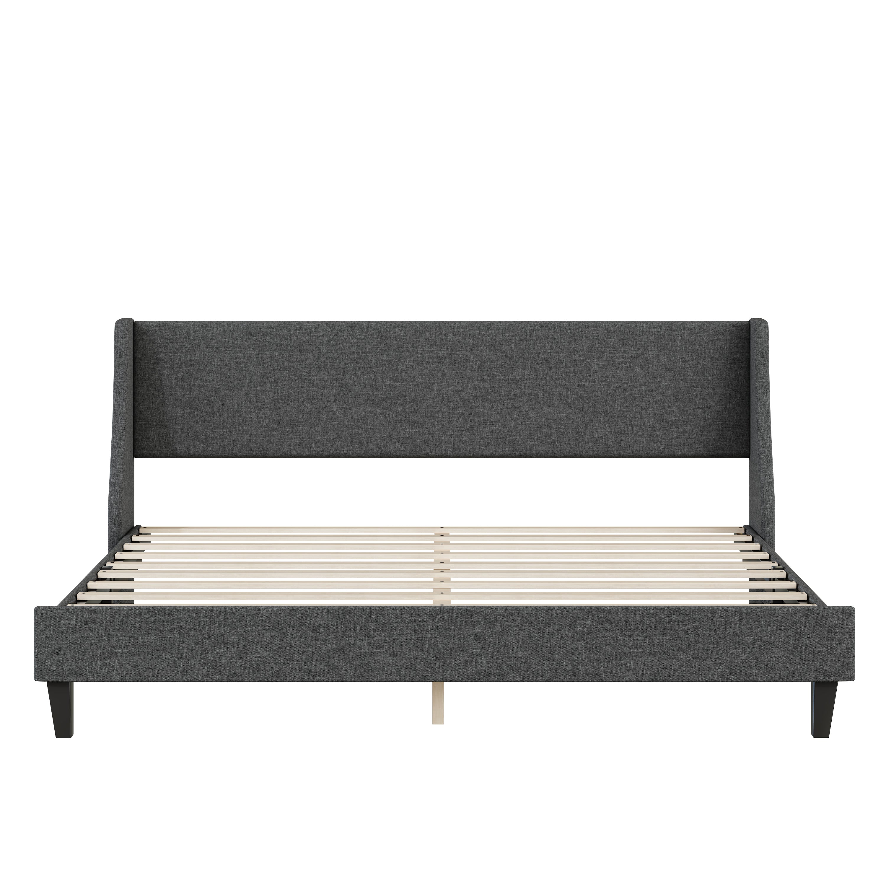 King Size Bed Frame Upholstered Bed Frame Platform ,Non-adjustable Headboard Linen Fabric Headboard Wooden Slats Support/No Box Spring Needed/Easy Assembly/Mattress Foundation, Drak gray