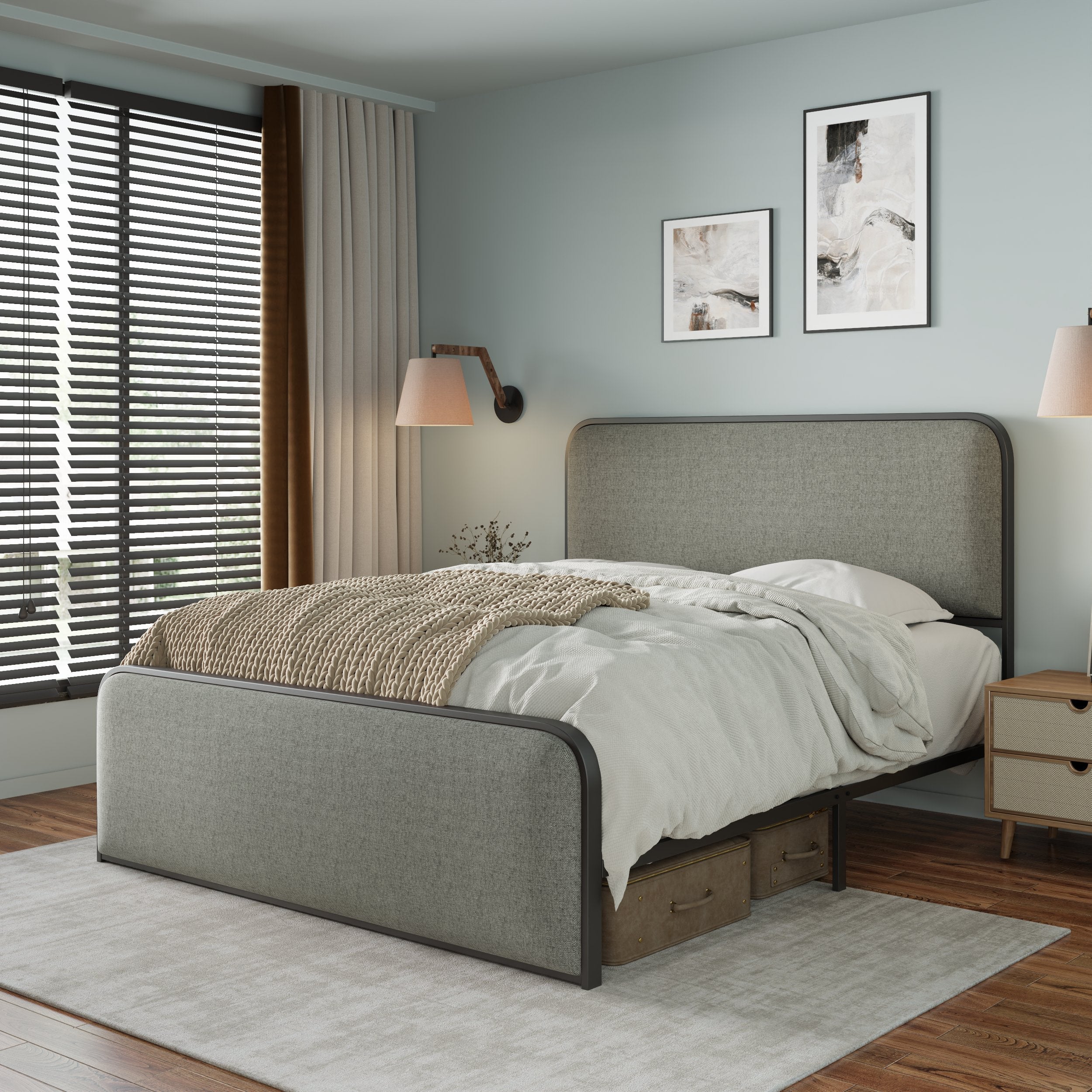 Modern Metal Bed Frame with Curved Upholstered Headboard and Footboard Bed with Under Bed Storage, Heavy Duty Metal Slats, Full Size, Grey - Atlantic Fine Furniture Melbourne FL