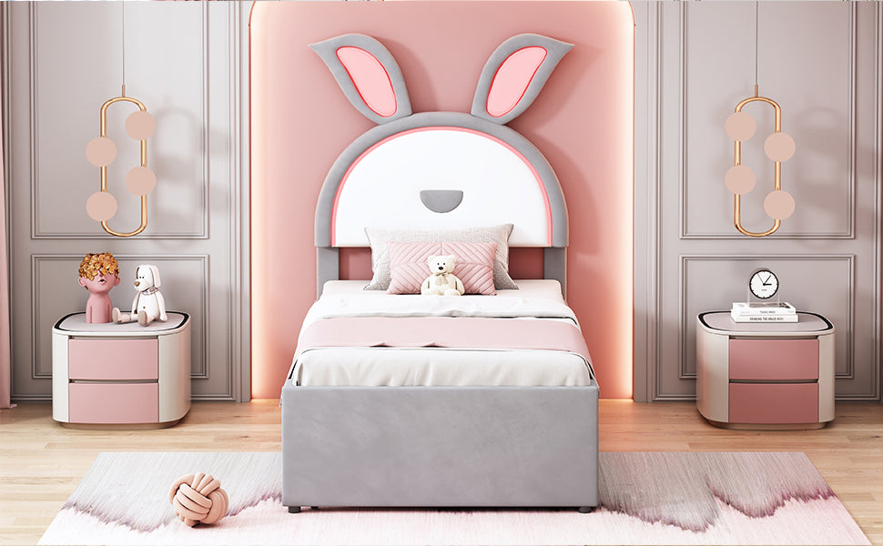 Twin Size Upholstered Platform Bed with Trundle and 3 Drawers, Rabbit-Shaped Headboard with Embedded LED Lights, Gray - Atlantic Fine Furniture Melbourne FL