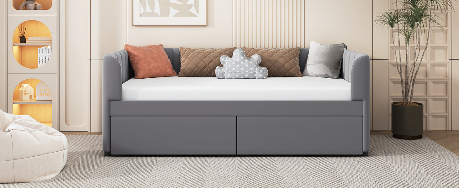 Twin Size Upholstered Daybed with Ergonomic Design Backrest and 2 Drawers, Gray - Atlantic Fine Furniture Melbourne FL