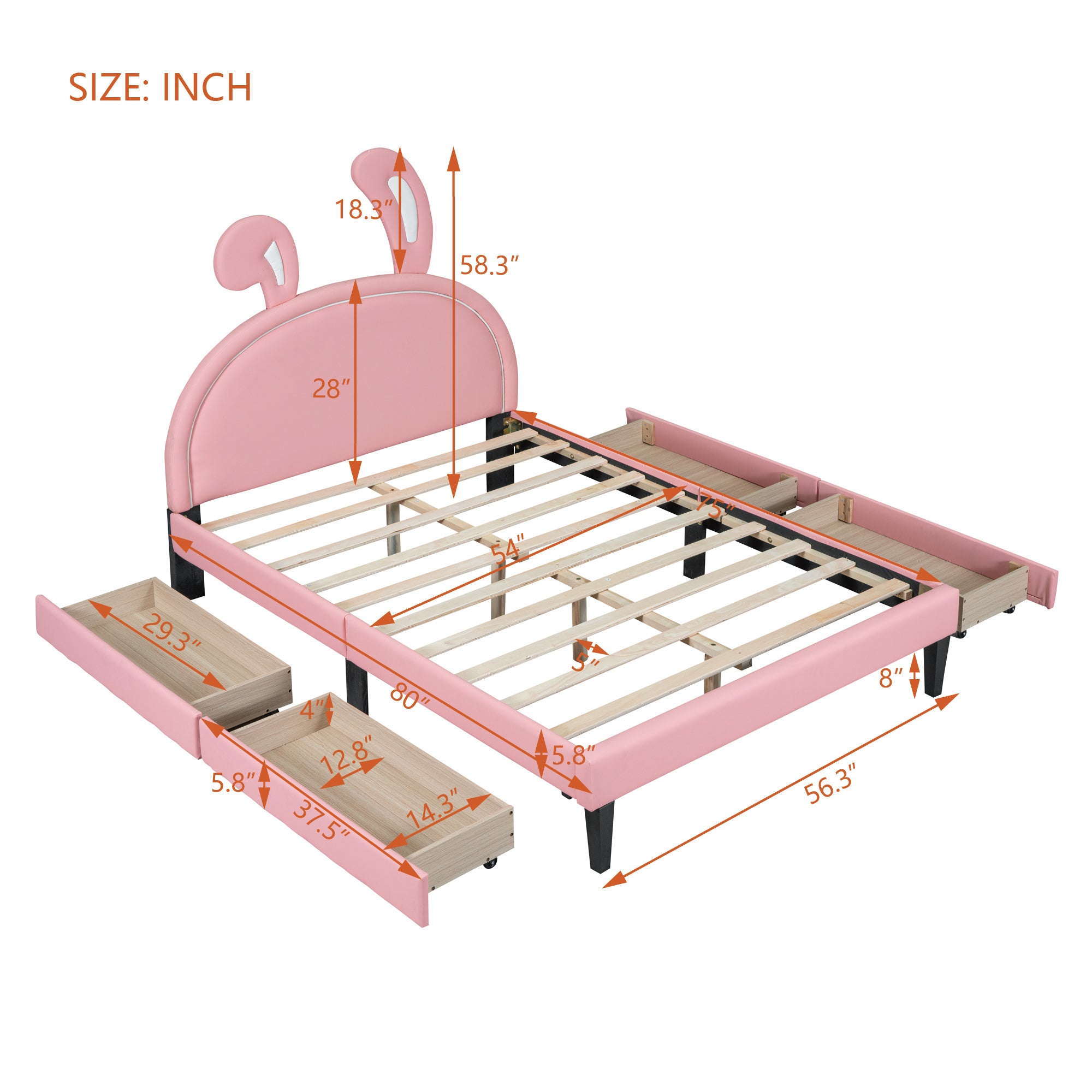 Full Size Upholstered Leather Platform Bed with Rabbit Ornament and 4 Drawers, Pink - Atlantic Fine Furniture Melbourne FL