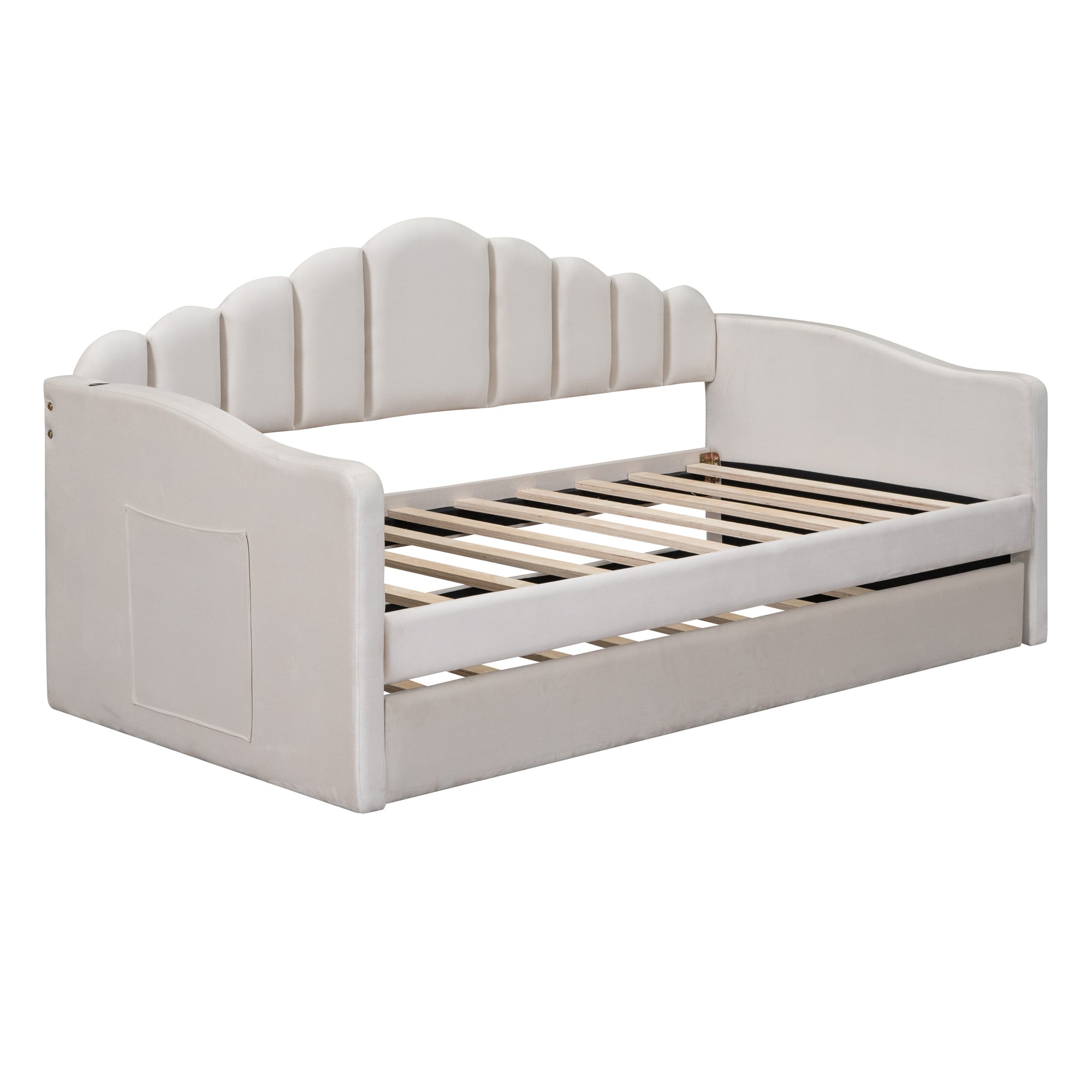 Twin size Upholstered Daybed with Trundle ,Velvet Sofabed with USB Charging Ports,No Box-spring Needed,Beige - Atlantic Fine Furniture Melbourne FL