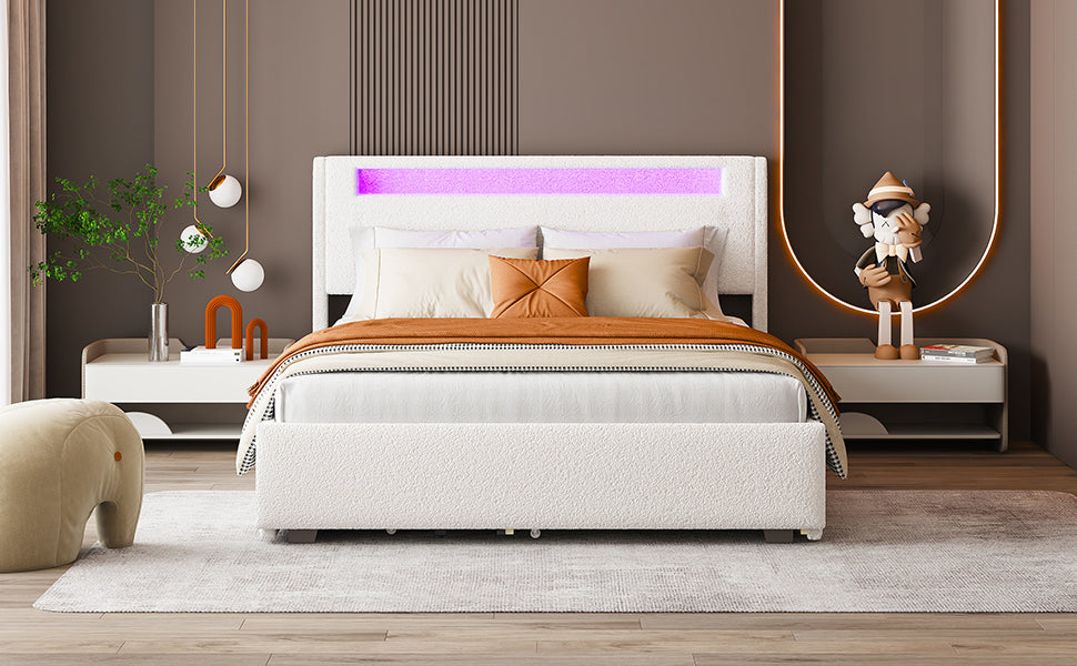 Queen Size Upholstered Platform Bed with LED Frame, with Twin XL Size Trundle and 2 drawers, Teddy Fleece, White - Atlantic Fine Furniture Melbourne FL