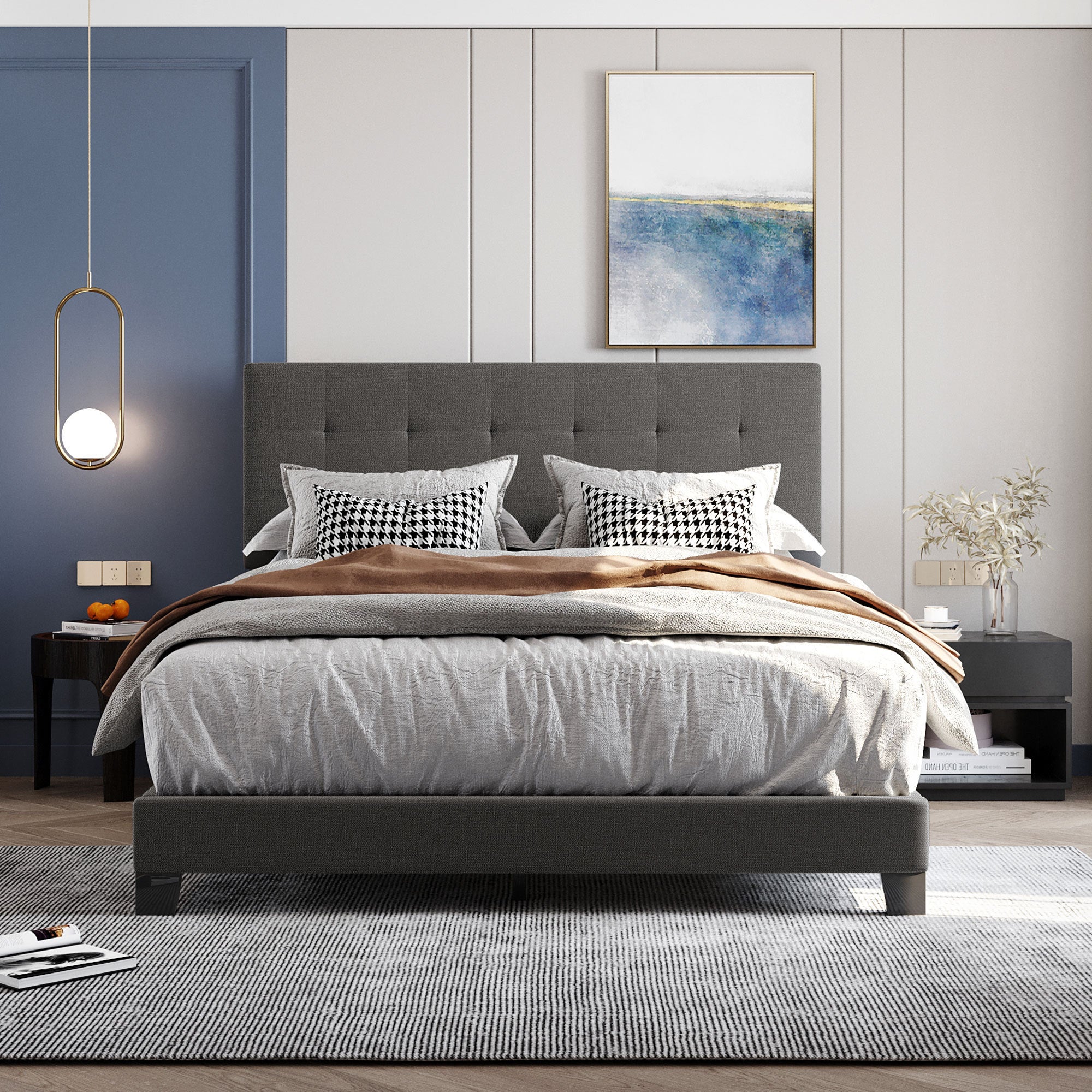 Upholstered Platform Bed with Tufted Headboard, Box Spring Needed, Gray Linen Fabric, Queen Size - Atlantic Fine Furniture Melbourne FL