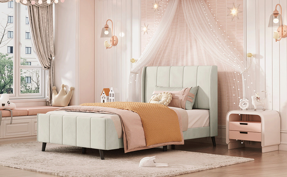 Twin Size Upholstered Platform Bed, Velvet, Beige - Atlantic Fine Furniture Melbourne FL