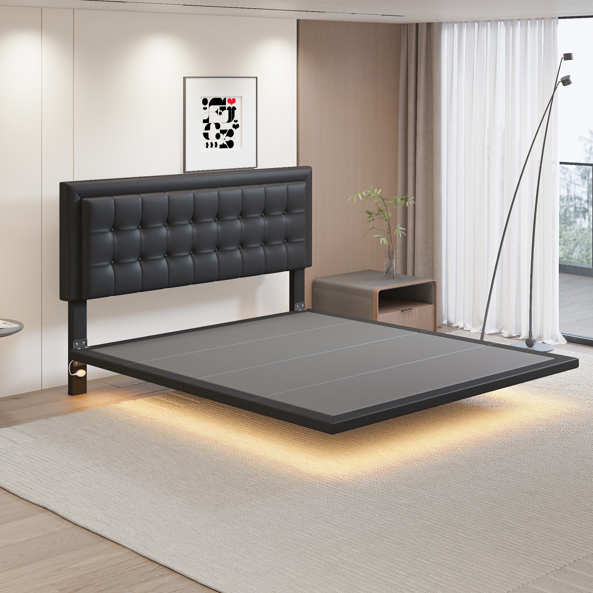 Queen Size Floating Bed Frame with Motion Activated Night Lights,Modern PU Upholstered Button Tufted Platform Bed Frame,Black - Atlantic Fine Furniture Melbourne FL