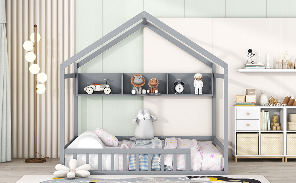 Wooden Full Size House Bed with Storage Shelf,Kids Bed with Fence and Roof, Gray - Atlantic Fine Furniture Melbourne FL