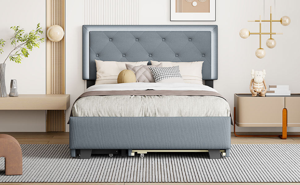 Full Size Velvet Storage Platform Bed, with 2 Big Drawers, T Size Trundle and LED Light, Gray - Atlantic Fine Furniture Melbourne FL