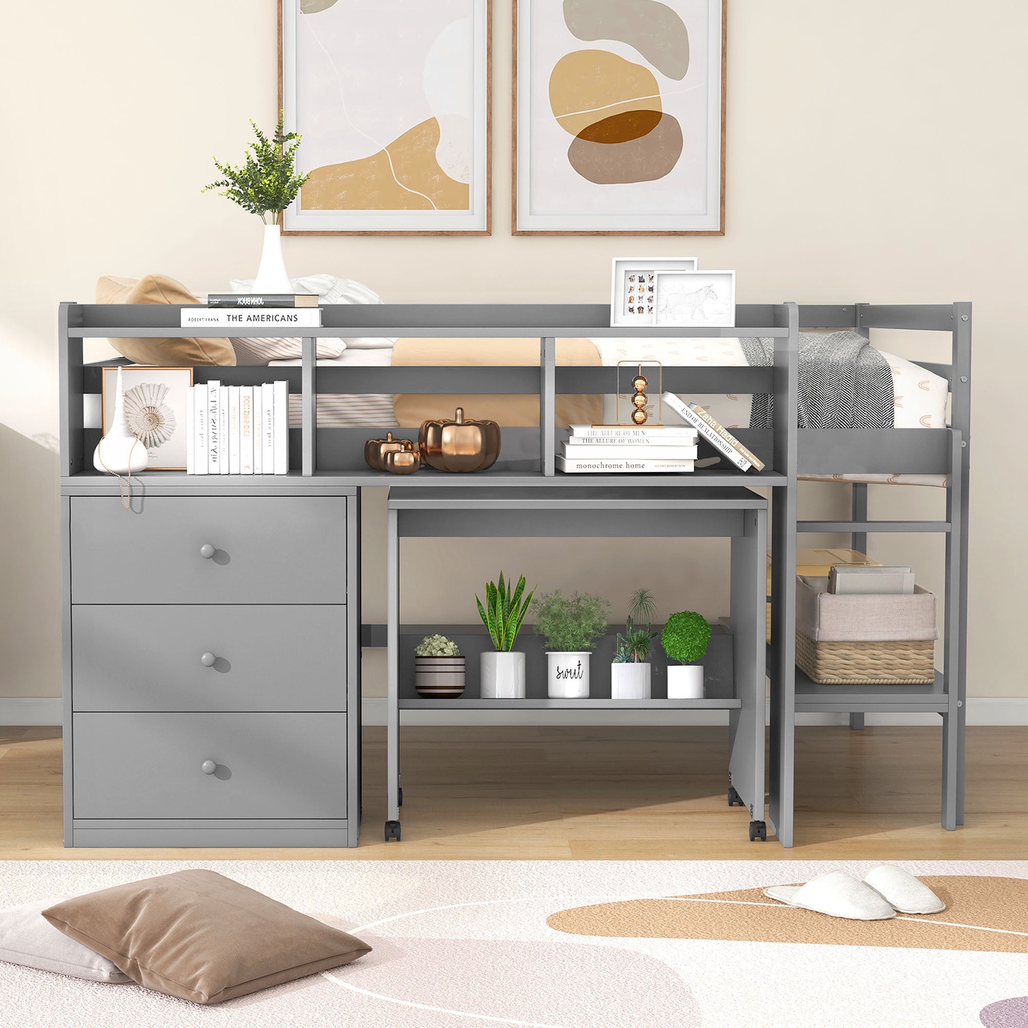 Full Size Low Loft Bed with Rolling Portable Desk, Drawers and Shelves, Gray(Old SKU: GX000711AAE) - Atlantic Fine Furniture Melbourne FL